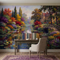 English Garden Peel and Stick Wall Mural, Impressionist Estate Landscape Lily Pond and Footbridge Cottage Wallpaper