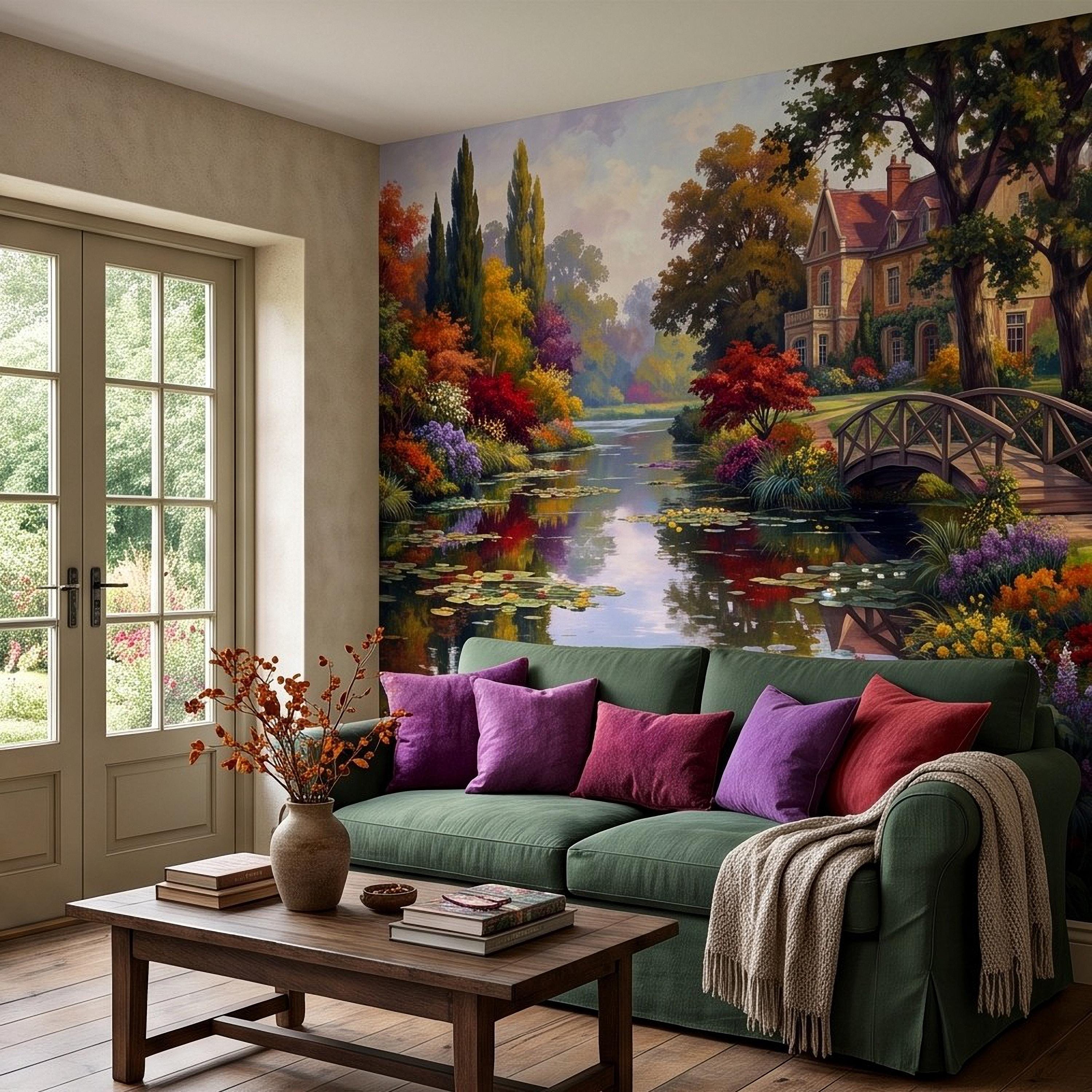 English Garden Peel and Stick Wall Mural, Impressionist Estate Landscape Lily Pond and Footbridge Cottage Wallpaper