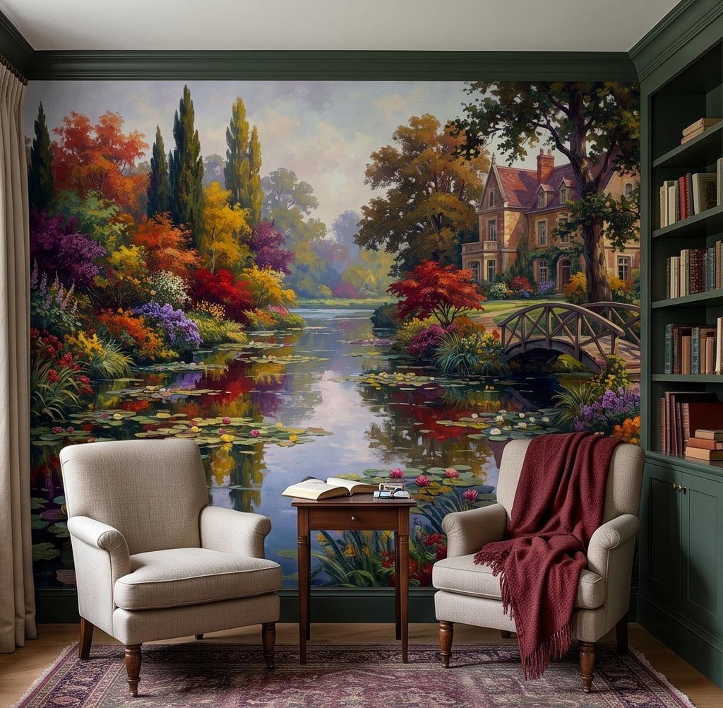 English Garden Peel and Stick Wall Mural, Impressionist Estate Landscape Lily Pond and Footbridge Cottage Wallpaper