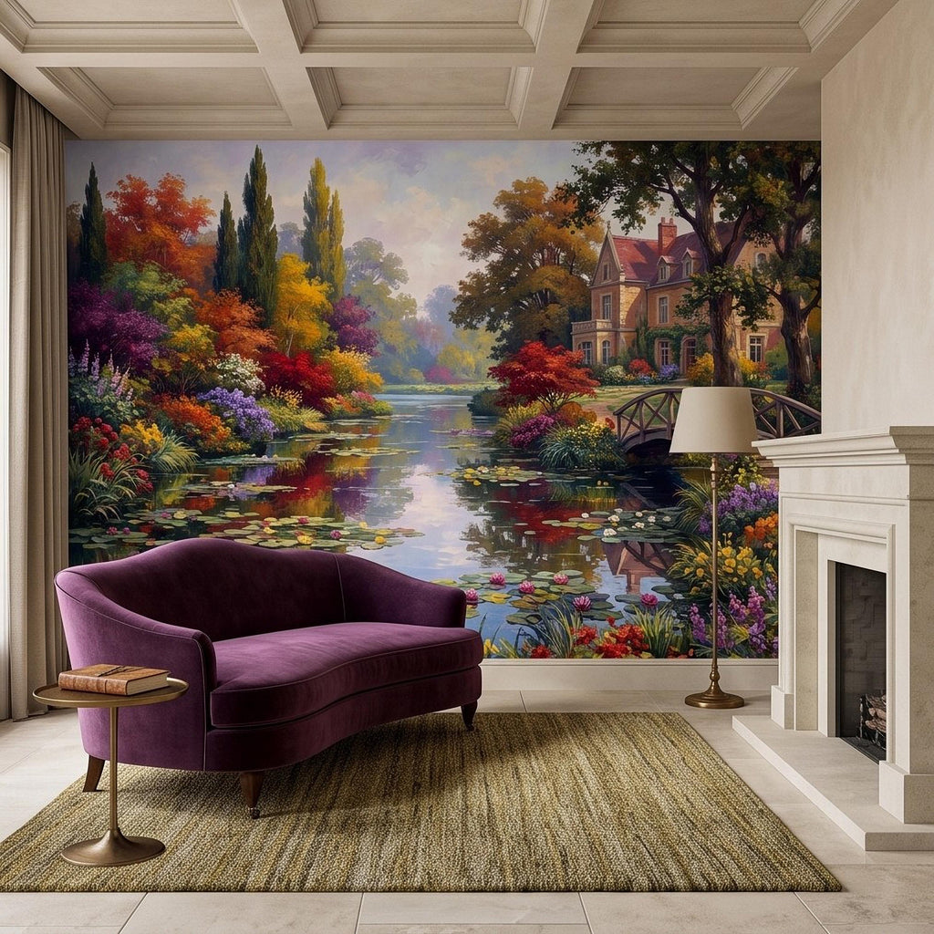 English Garden Peel and Stick Wall Mural, Impressionist Estate Landscape Lily Pond and Footbridge Cottage Wallpaper