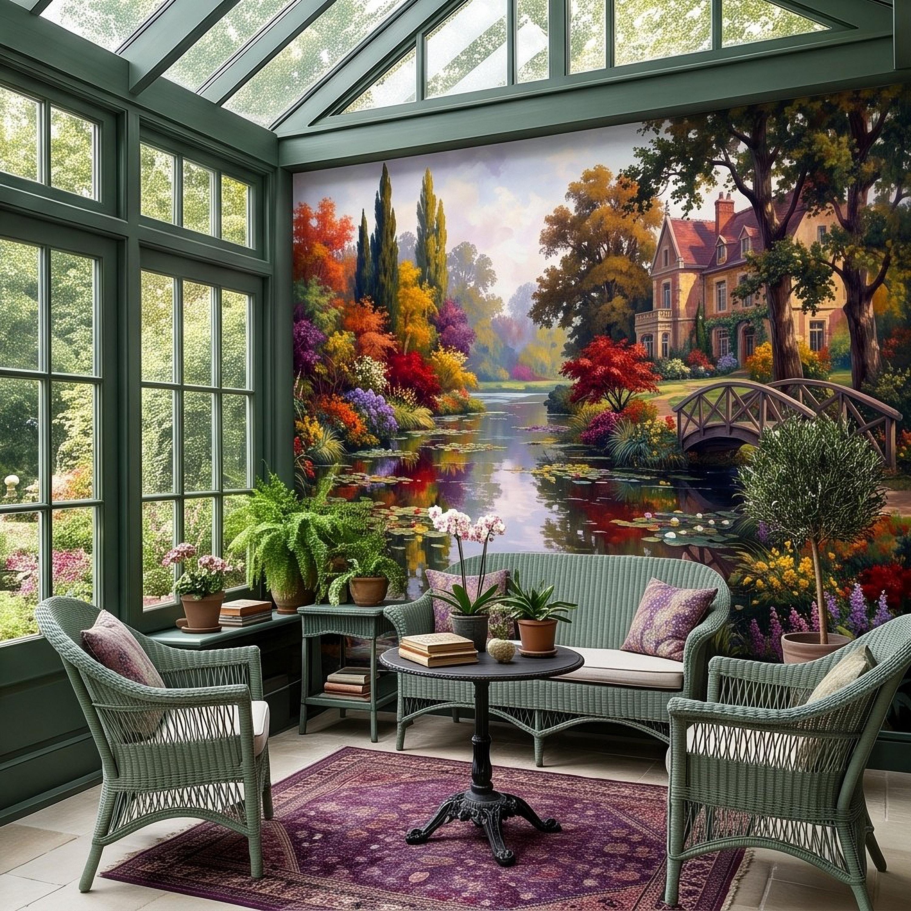 English Garden Peel and Stick Wall Mural, Impressionist Estate Landscape Lily Pond and Footbridge Cottage Wallpaper