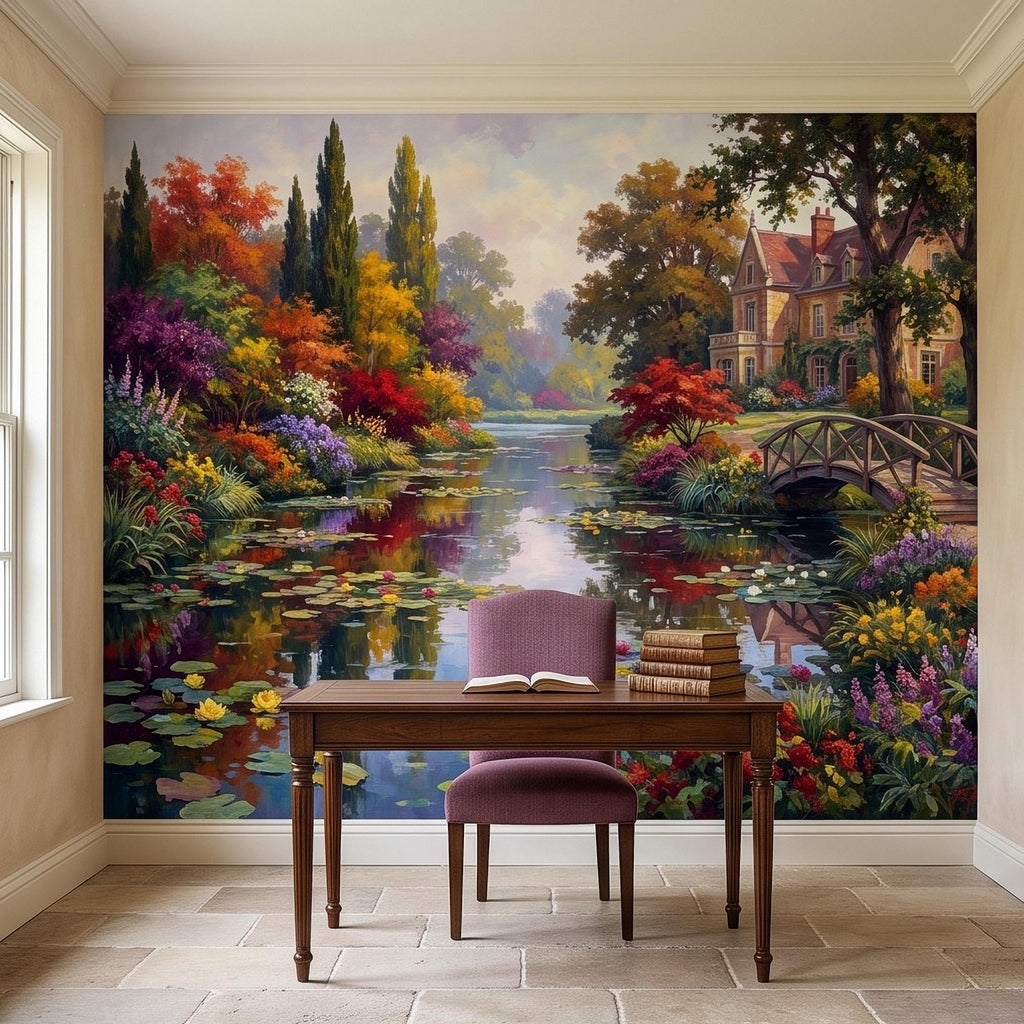 English Garden Peel and Stick Wall Mural, Impressionist Estate Landscape Lily Pond and Footbridge Cottage Wallpaper