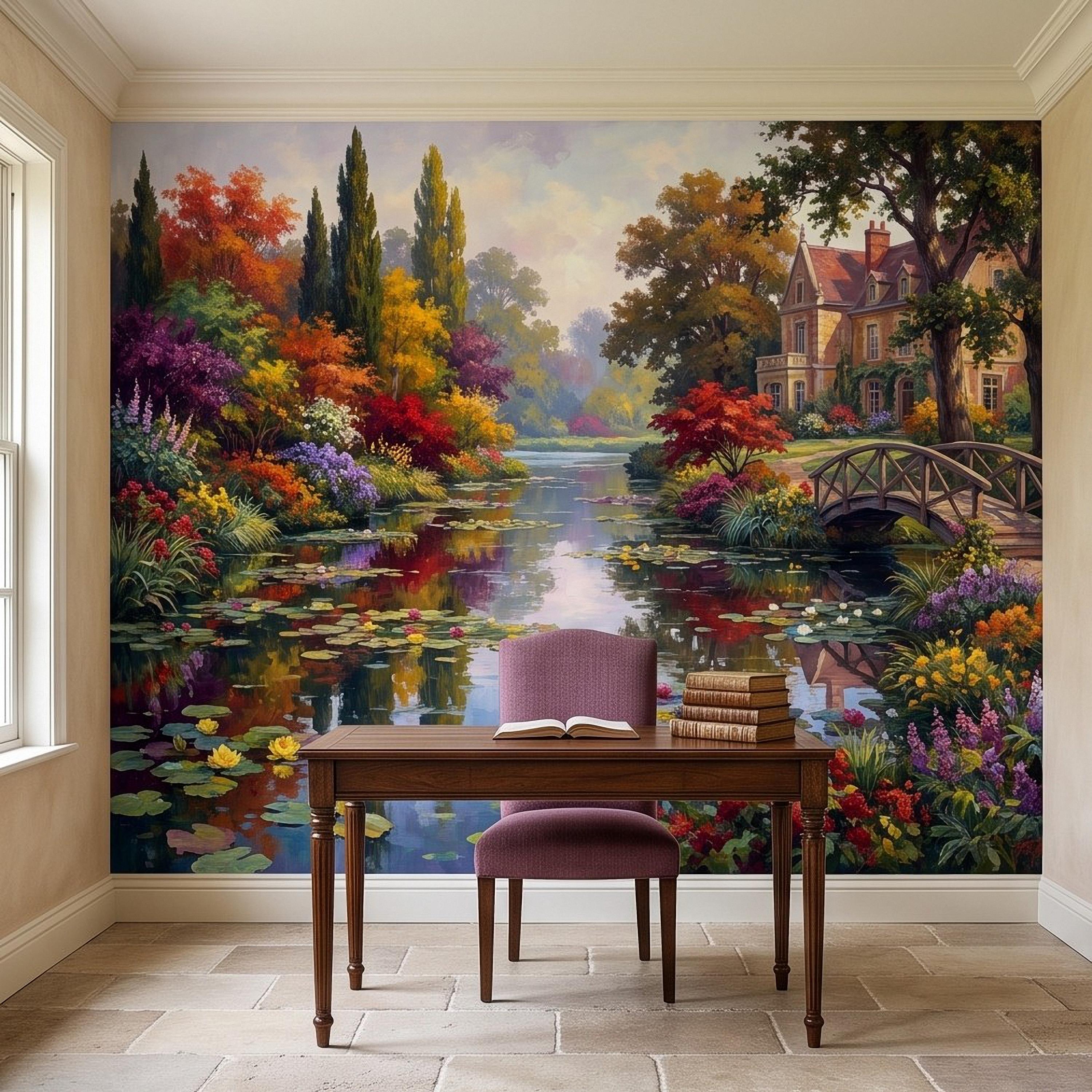 English Garden Peel and Stick Wall Mural, Impressionist Estate Landscape Lily Pond and Footbridge Cottage Wallpaper