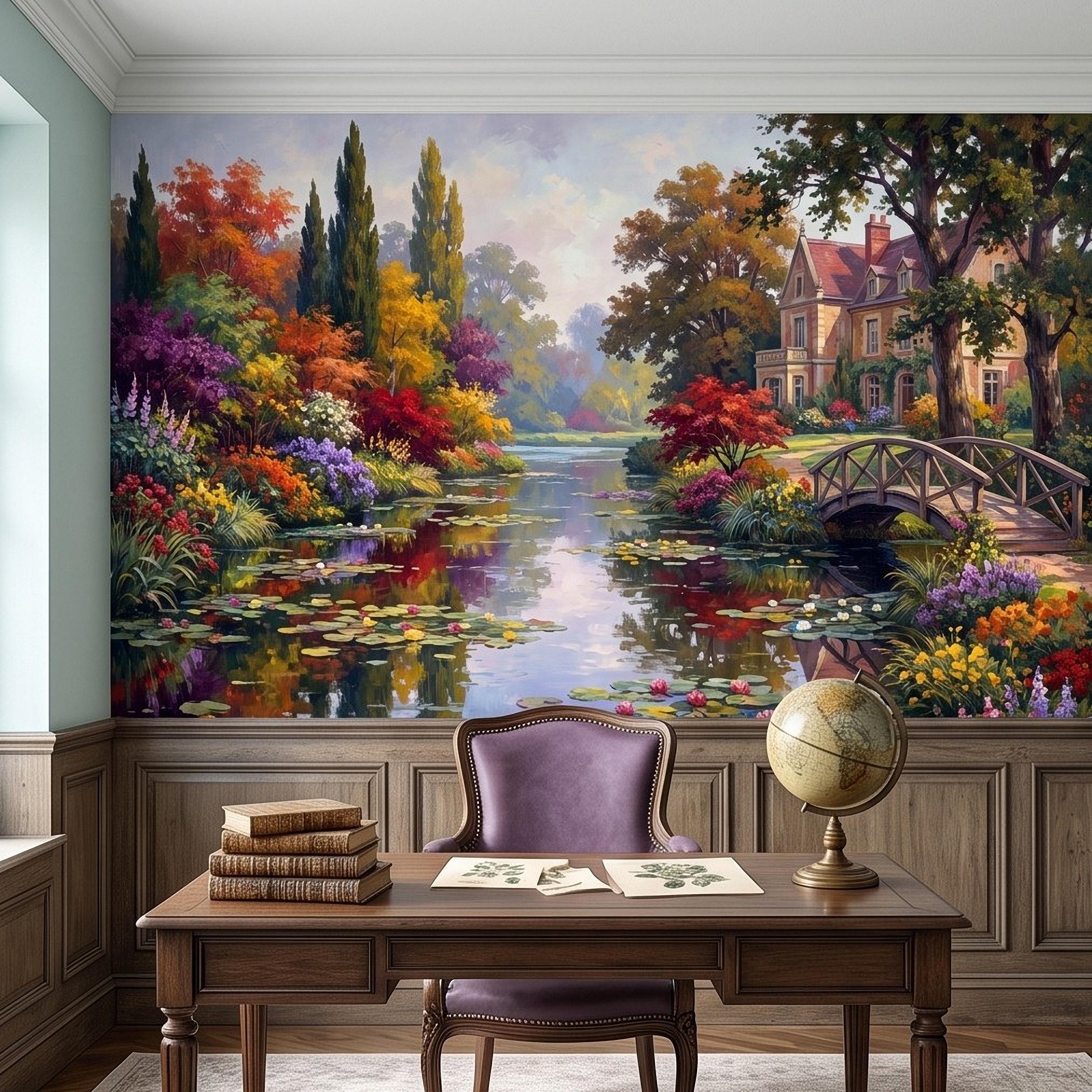 English Garden Peel and Stick Wall Mural, Impressionist Estate Landscape Lily Pond and Footbridge Cottage Wallpaper