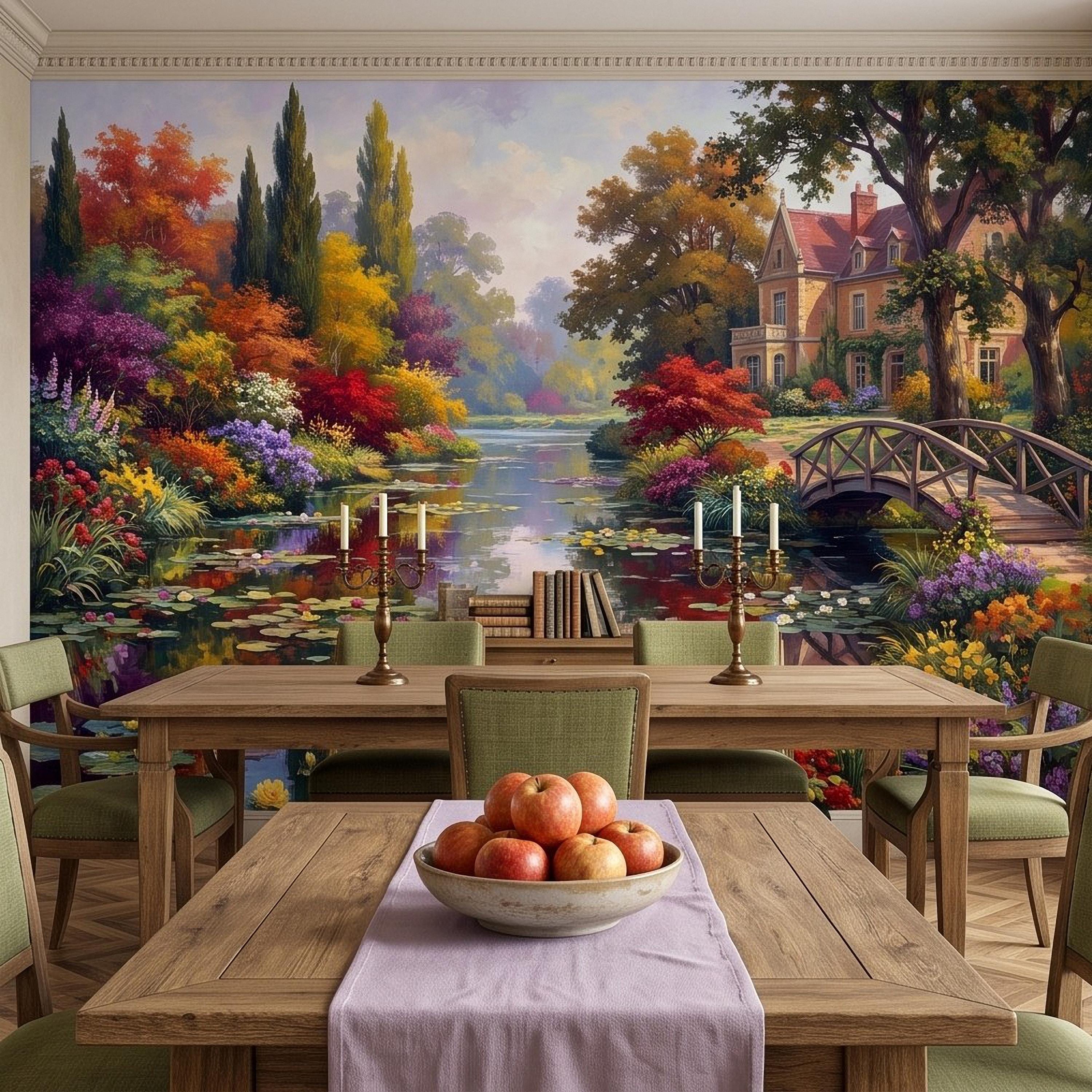 English Garden Peel and Stick Wall Mural, Impressionist Estate Landscape Lily Pond and Footbridge Cottage Wallpaper