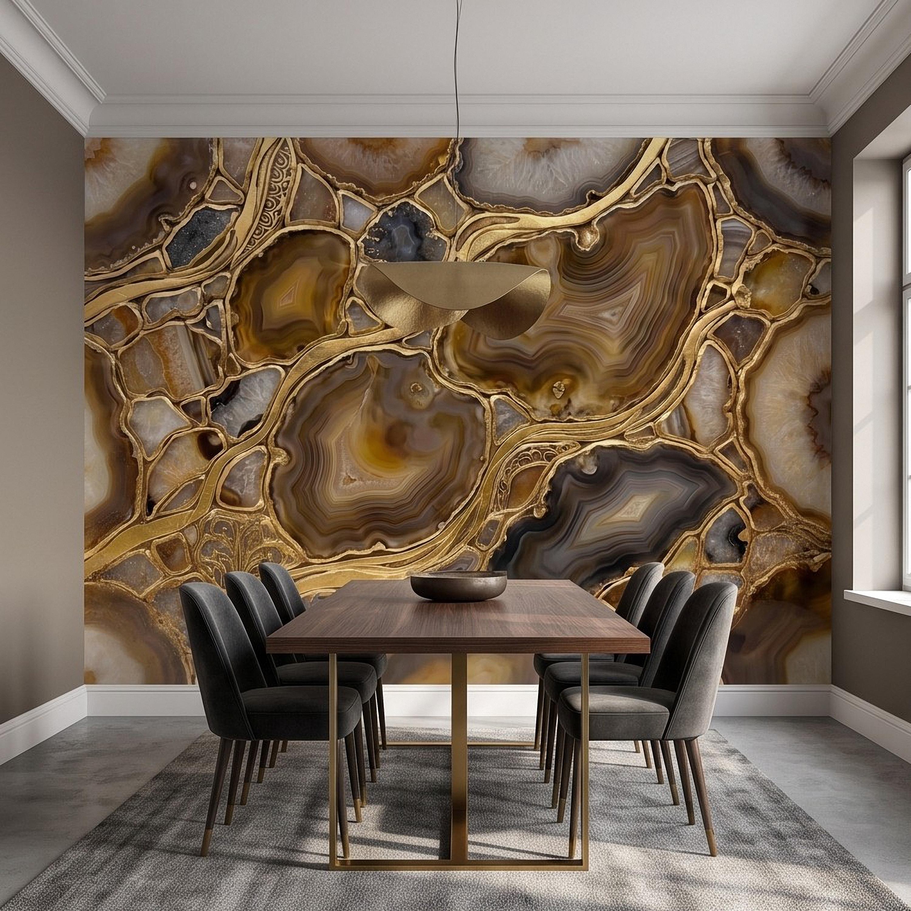 Agate Geode Peel and Stick Wall Mural, Natural Stone Slice Mosaic, Decorative Gold Veining Crystalline Mineral Wallpaper