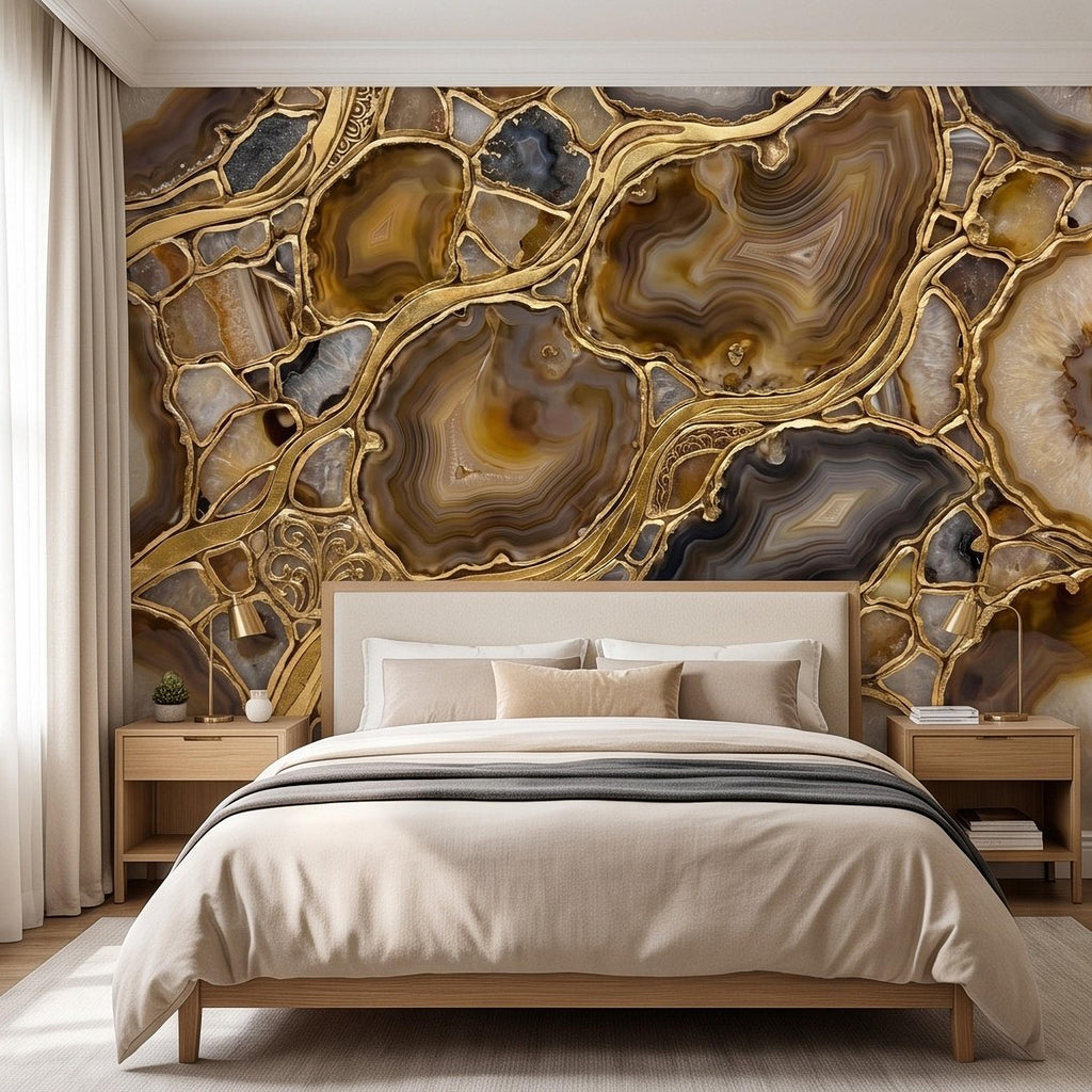 Agate Geode Peel and Stick Wall Mural, Natural Stone Slice Mosaic, Decorative Gold Veining Crystalline Mineral Wallpaper