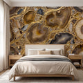 Agate Geode Peel and Stick Wall Mural, Natural Stone Slice Mosaic, Decorative Gold Veining Crystalline Mineral Wallpaper