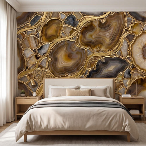 Agate Geode Peel and Stick Wall Mural, Natural Stone Slice Mosaic, Decorative Gold Veining Crystalline Mineral Wallpaper - The Fine Art Murals