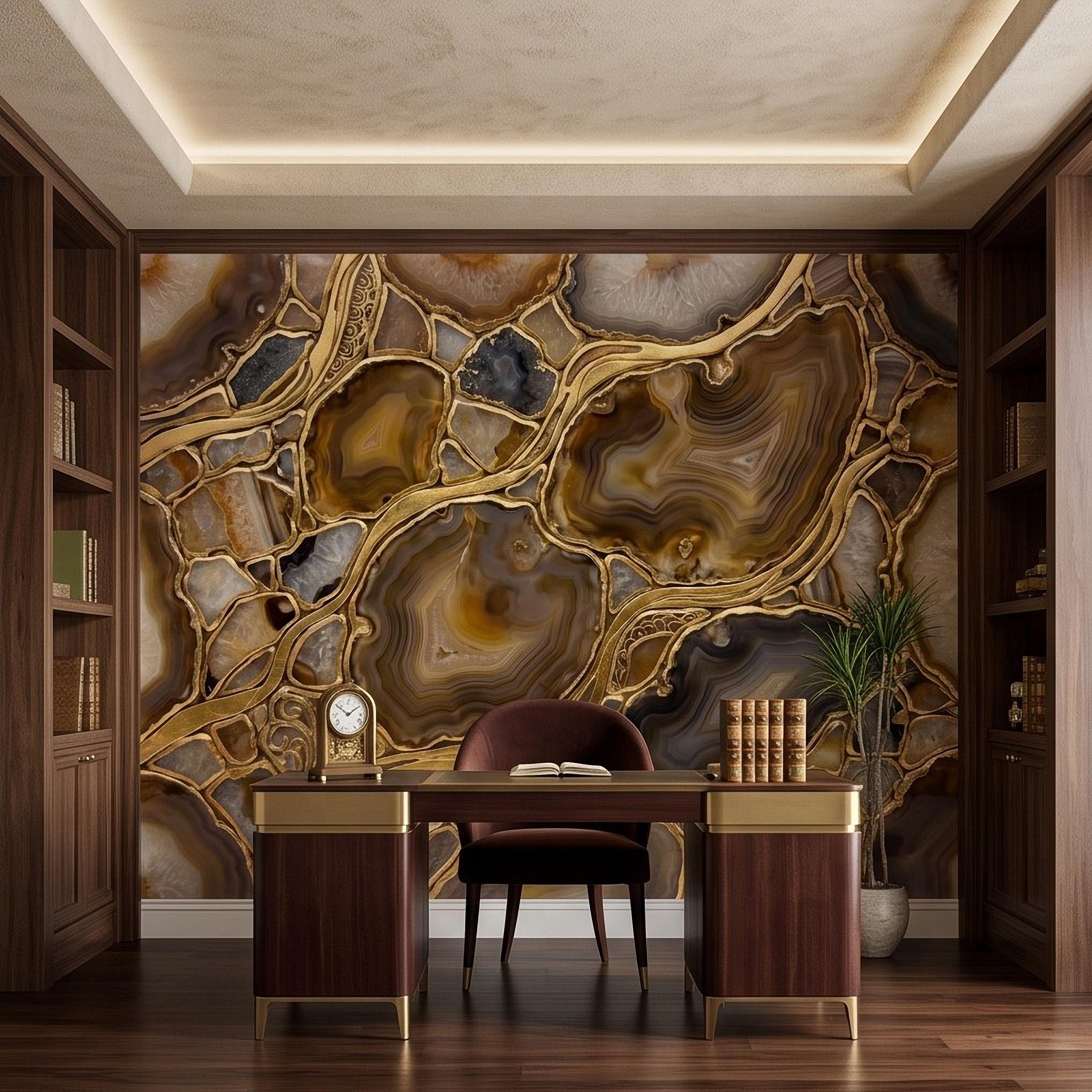 Agate Geode Peel and Stick Wall Mural, Natural Stone Slice Mosaic, Decorative Gold Veining Crystalline Mineral Wallpaper