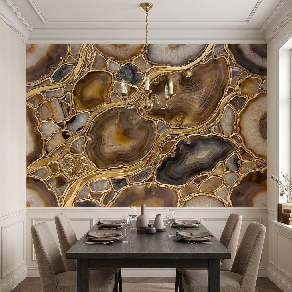 Agate Geode Peel and Stick Wall Mural, Natural Stone Slice Mosaic, Decorative Gold Veining Crystalline Mineral Wallpaper