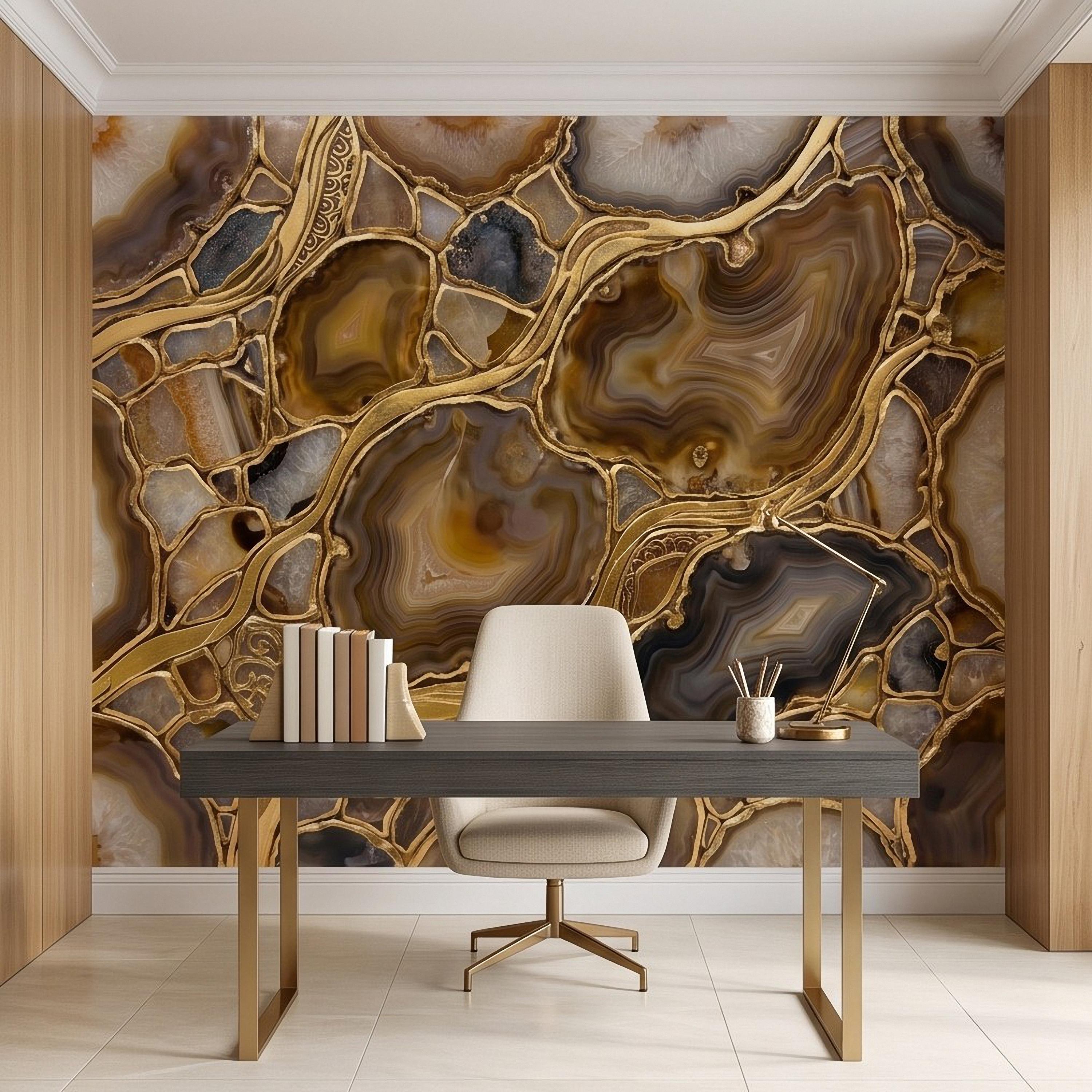 Agate Geode Peel and Stick Wall Mural, Natural Stone Slice Mosaic, Decorative Gold Veining Crystalline Mineral Wallpaper