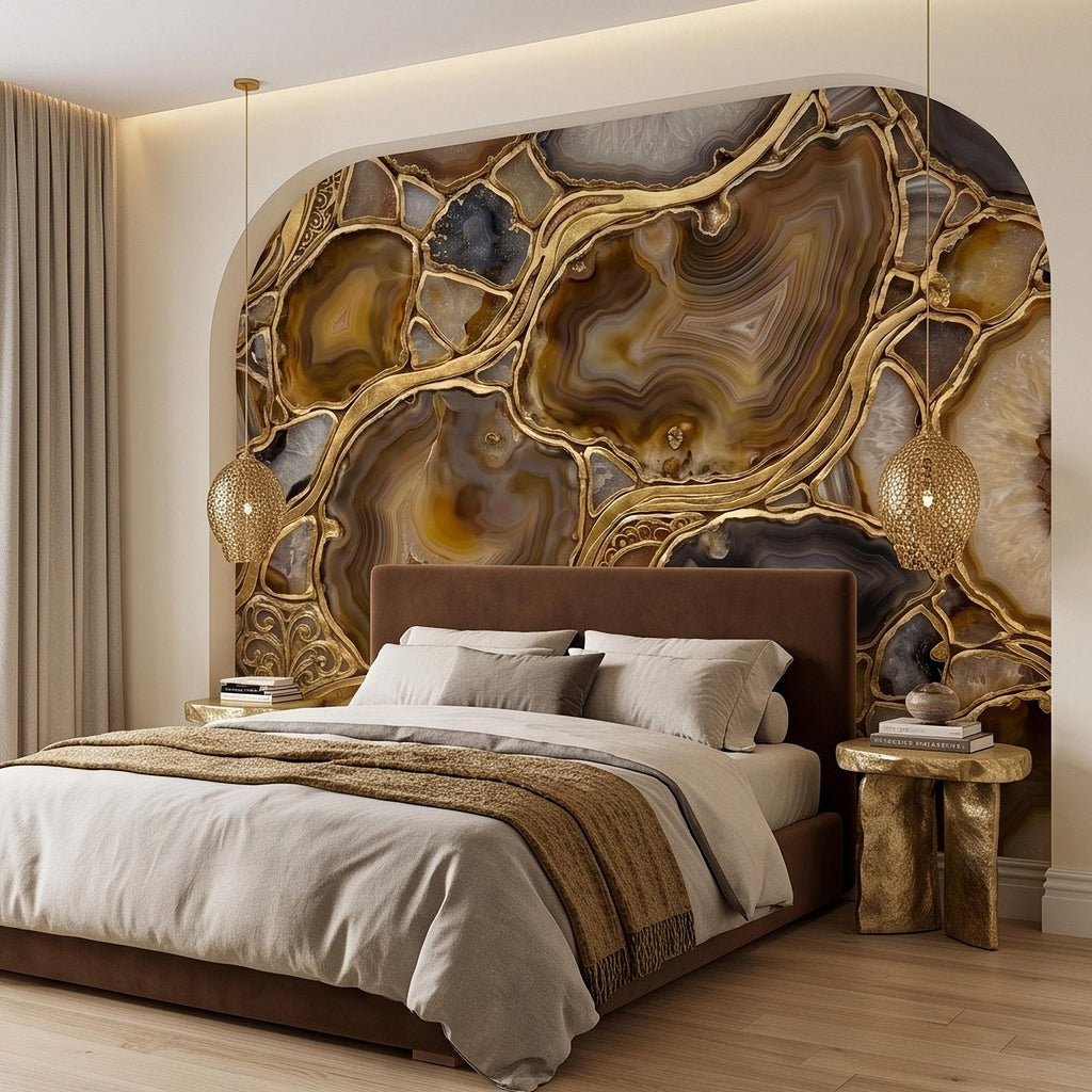 Agate Geode Peel and Stick Wall Mural, Natural Stone Slice Mosaic, Decorative Gold Veining Crystalline Mineral Wallpaper