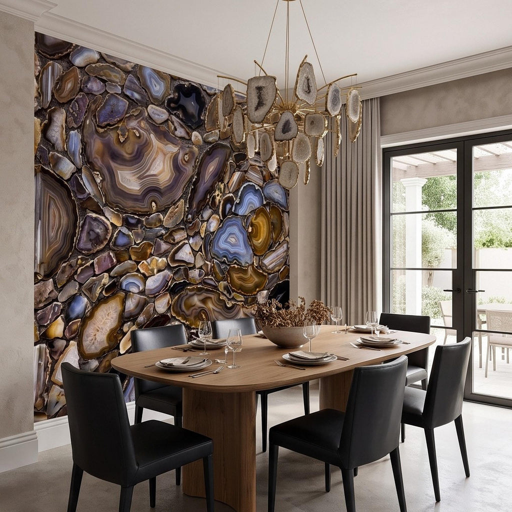 Agate Stone Peel and Stick Wall Mural, Natural Gemstone Slice Texture Luxury Crystal Geode Brown Blue Mineral Surface Wallpaper