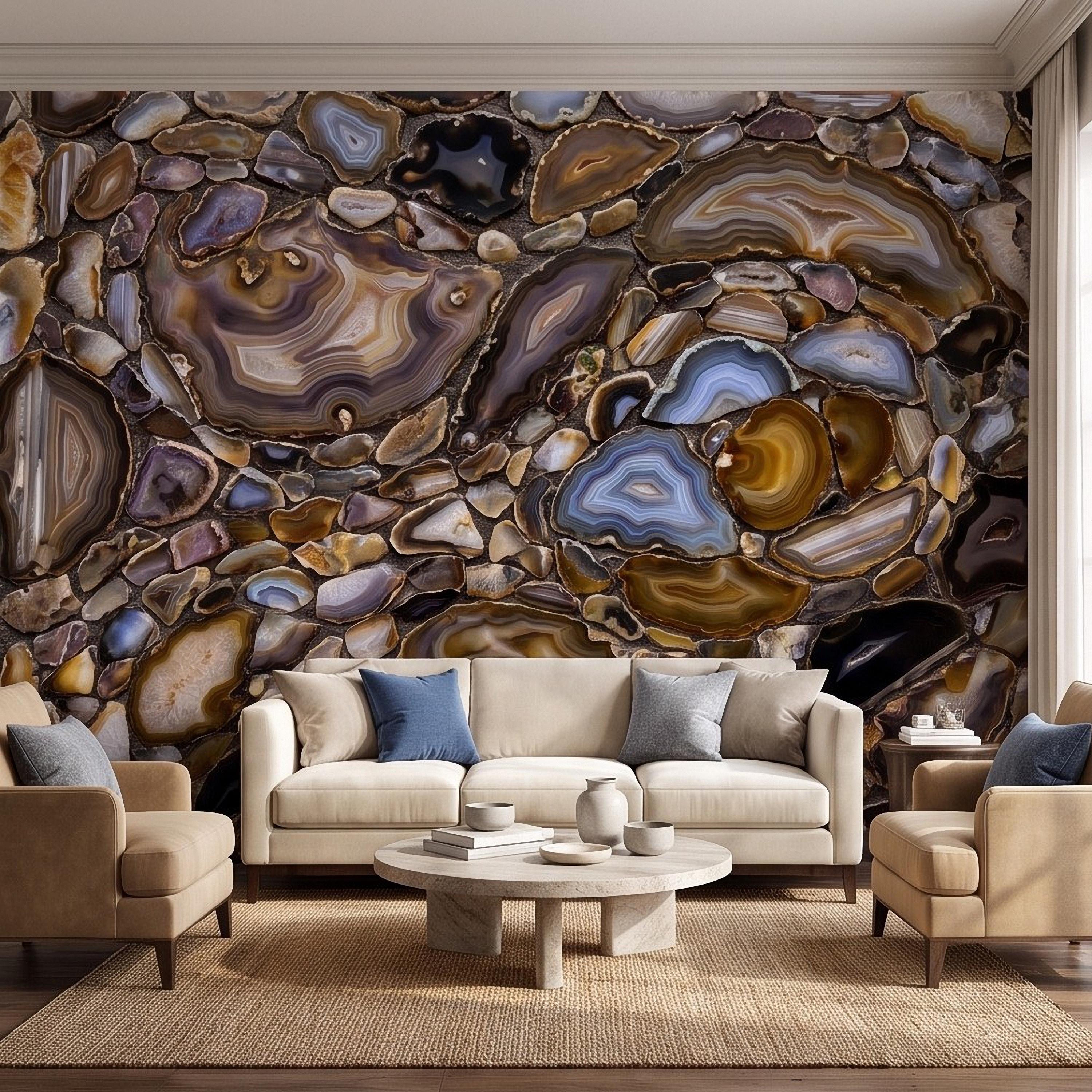 Agate Stone Peel and Stick Wall Mural, Natural Gemstone Slice Texture Luxury Crystal Geode Brown Blue Mineral Surface Wallpaper