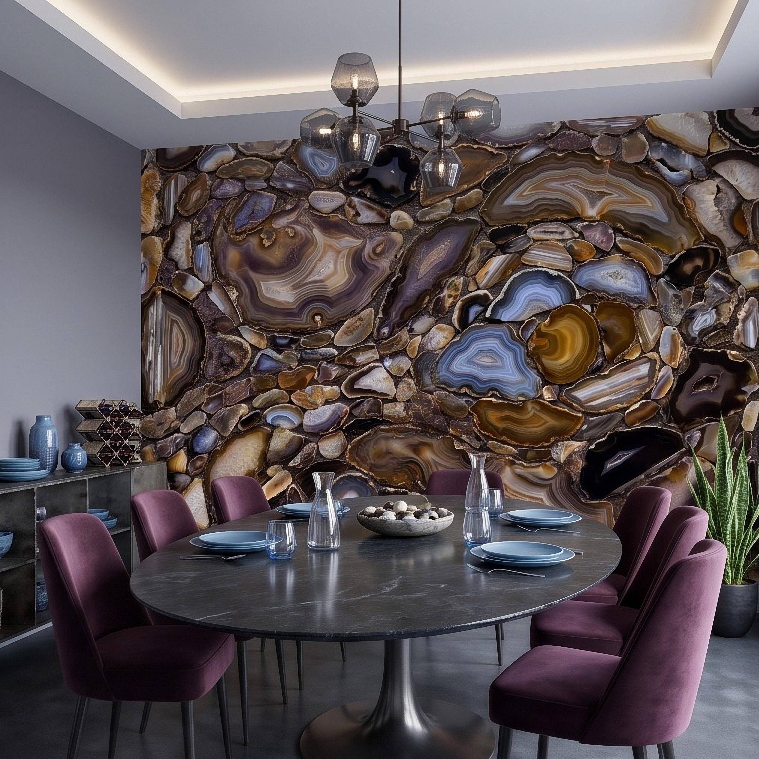 Agate Stone Peel and Stick Wall Mural, Natural Gemstone Slice Texture Luxury Crystal Geode Brown Blue Mineral Surface Wallpaper