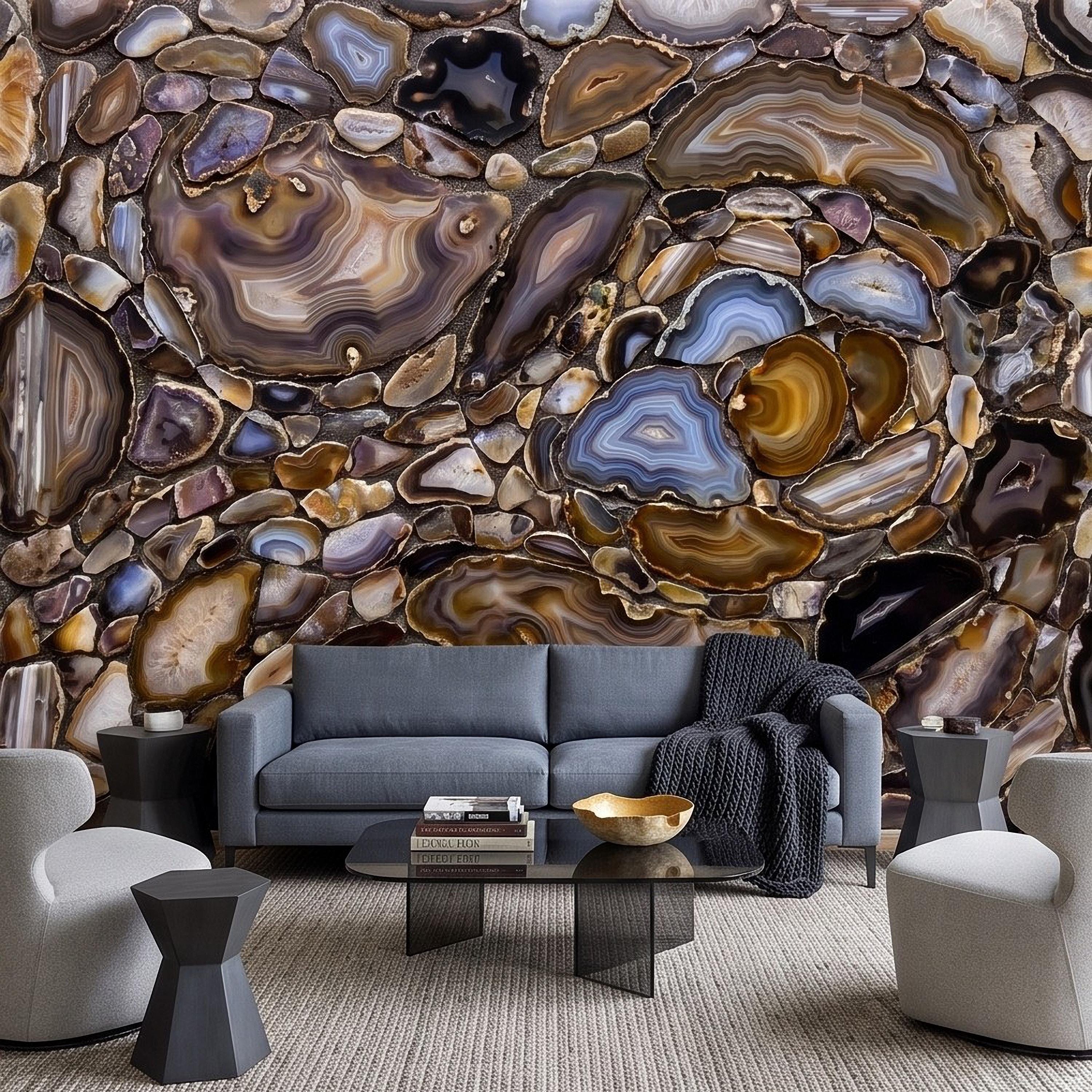 Agate Stone Peel and Stick Wall Mural, Natural Gemstone Slice Texture Luxury Crystal Geode Brown Blue Mineral Surface Wallpaper
