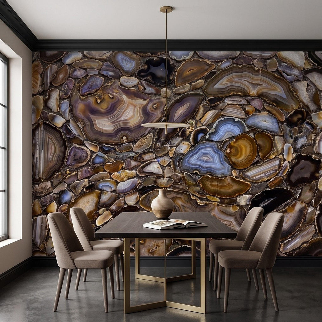 Agate Stone Peel and Stick Wall Mural, Natural Gemstone Slice Texture Luxury Crystal Geode Brown Blue Mineral Surface Wallpaper