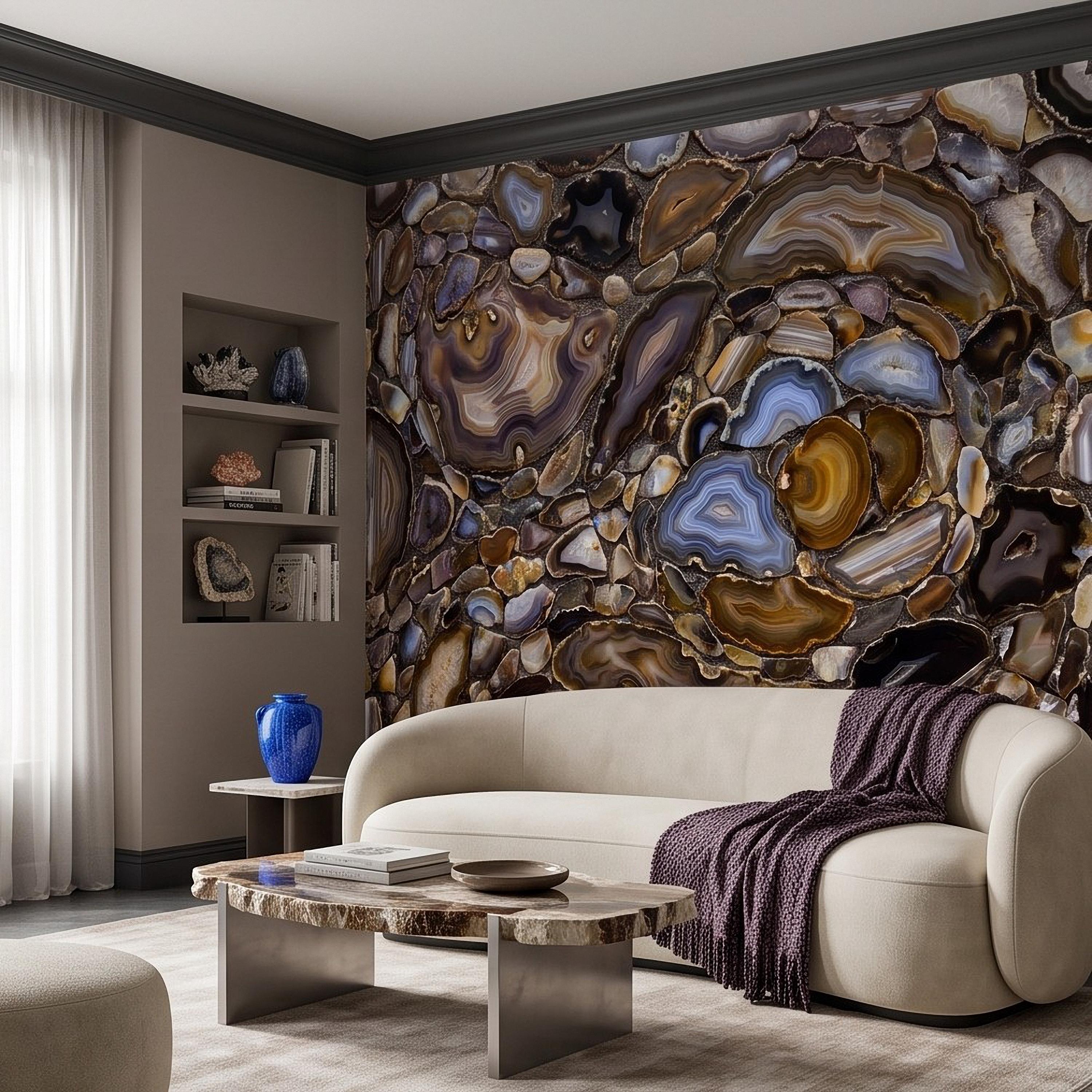 Agate Stone Peel and Stick Wall Mural, Natural Gemstone Slice Texture Luxury Crystal Geode Brown Blue Mineral Surface Wallpaper