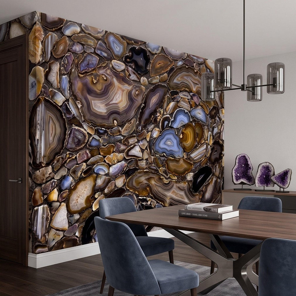 Agate Stone Peel and Stick Wall Mural, Natural Gemstone Slice Texture Luxury Crystal Geode Brown Blue Mineral Surface Wallpaper