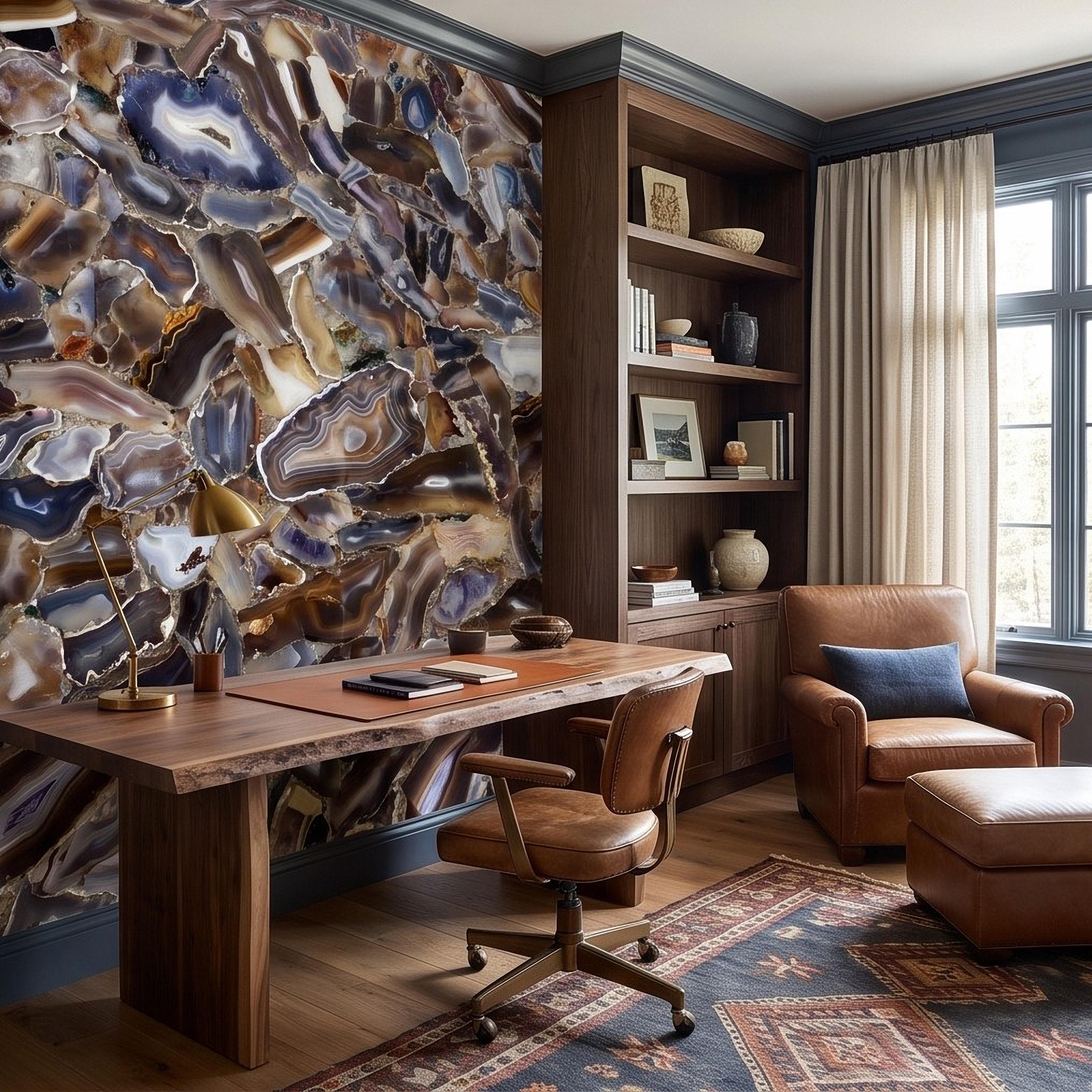 Agate Stone Peel and Stick Wall Mural, Natural Gemstone Slice Texture Luxury Crystal Geode Grey Brown Gold Mineral Wallpaper