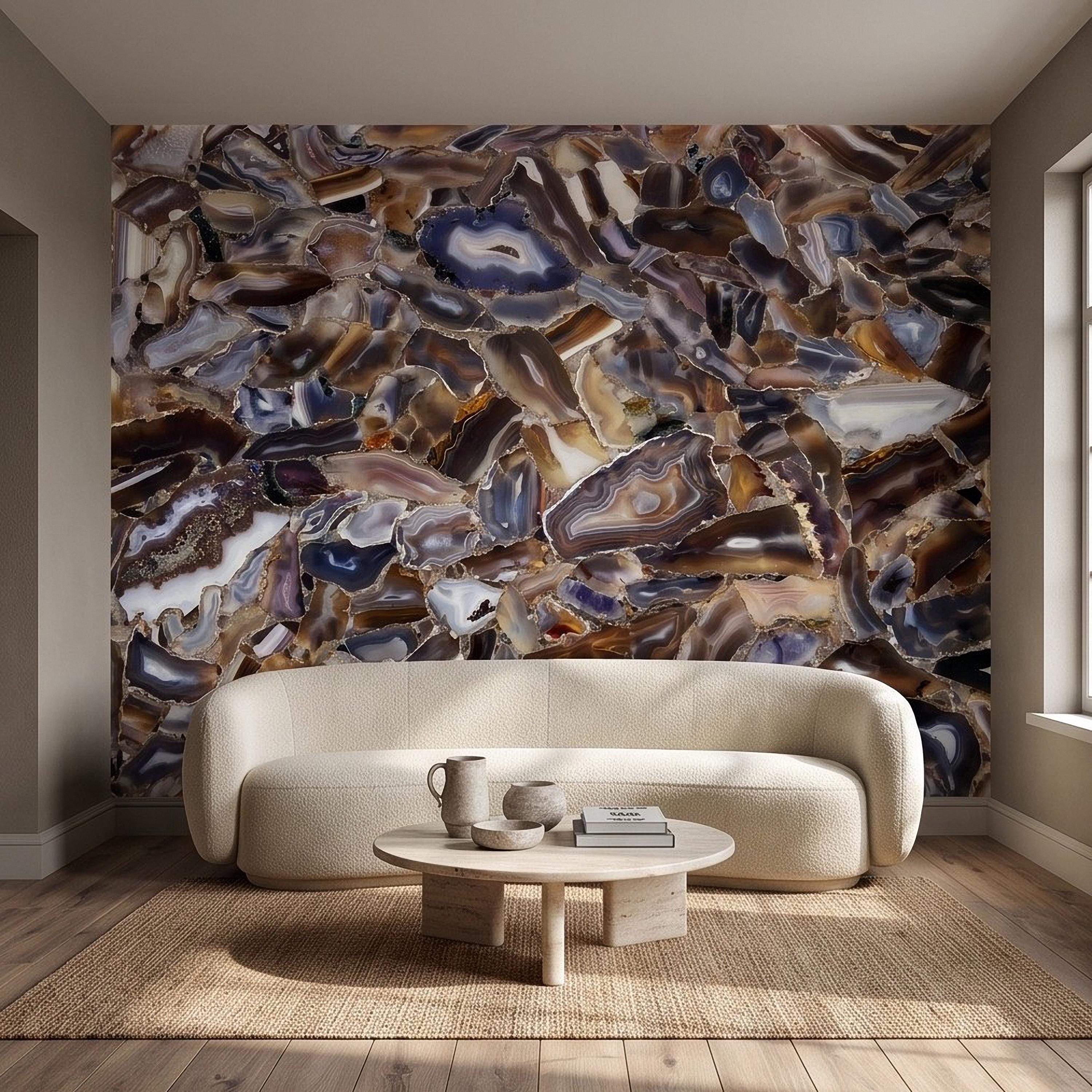 Agate Stone Peel and Stick Wall Mural, Natural Gemstone Slice Texture Luxury Crystal Geode Grey Brown Gold Mineral Wallpaper
