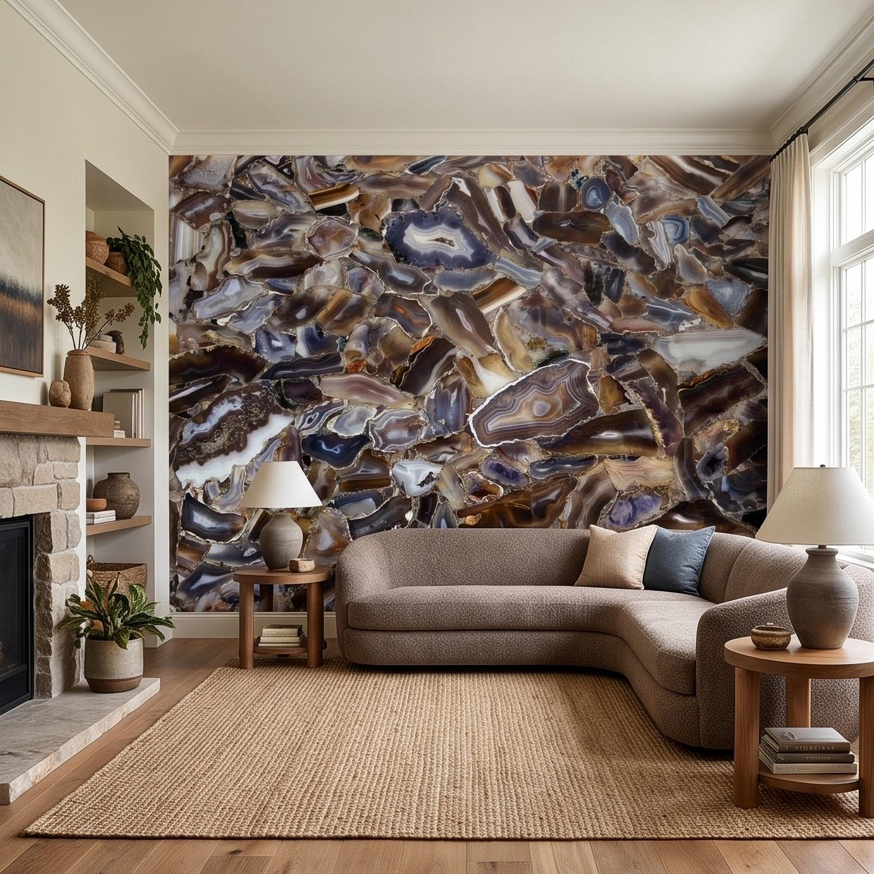 Agate Stone Peel and Stick Wall Mural, Natural Gemstone Slice Texture Luxury Crystal Geode Grey Brown Gold Mineral Wallpaper