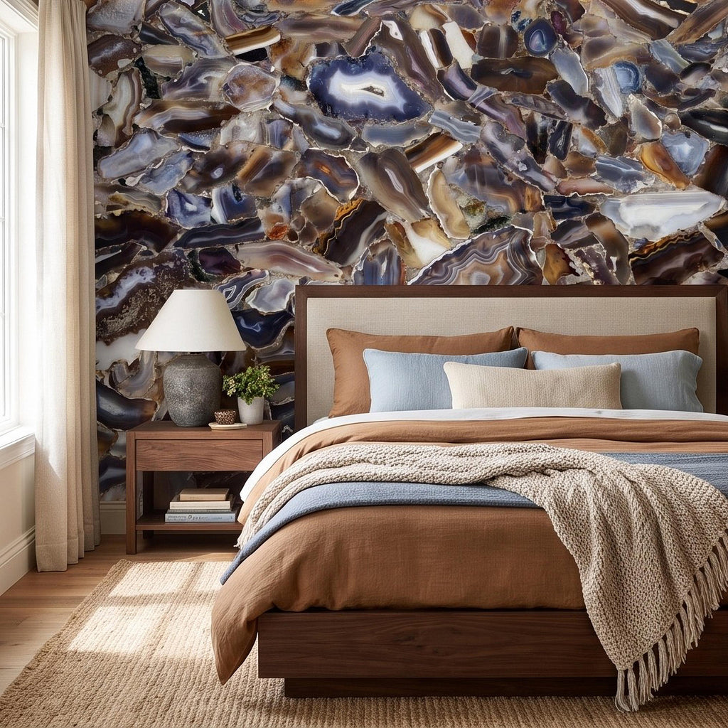 Agate Stone Peel and Stick Wall Mural, Natural Gemstone Slice Texture Luxury Crystal Geode Grey Brown Gold Mineral Wallpaper