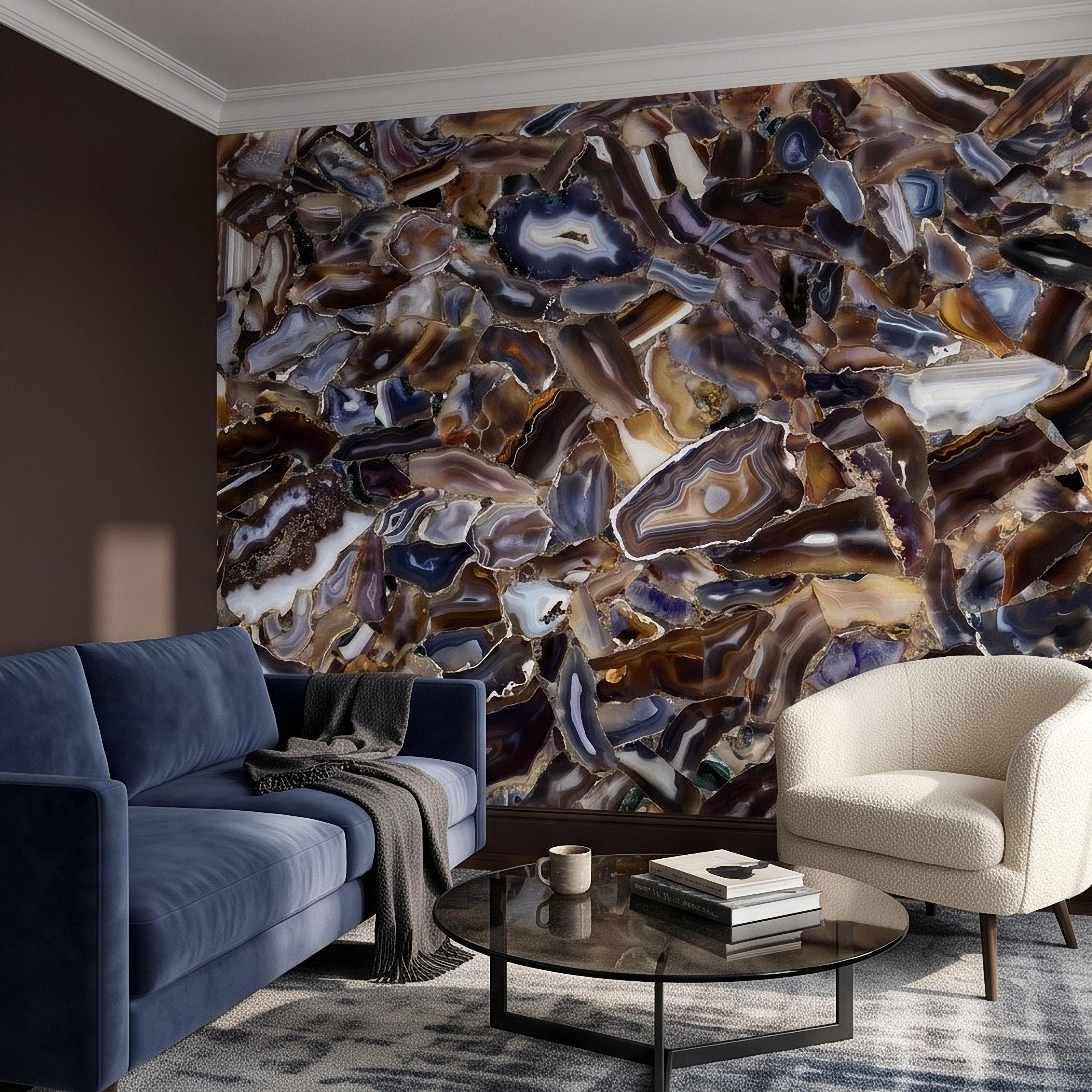 Agate Stone Peel and Stick Wall Mural, Natural Gemstone Slice Texture Luxury Crystal Geode Grey Brown Gold Mineral Wallpaper