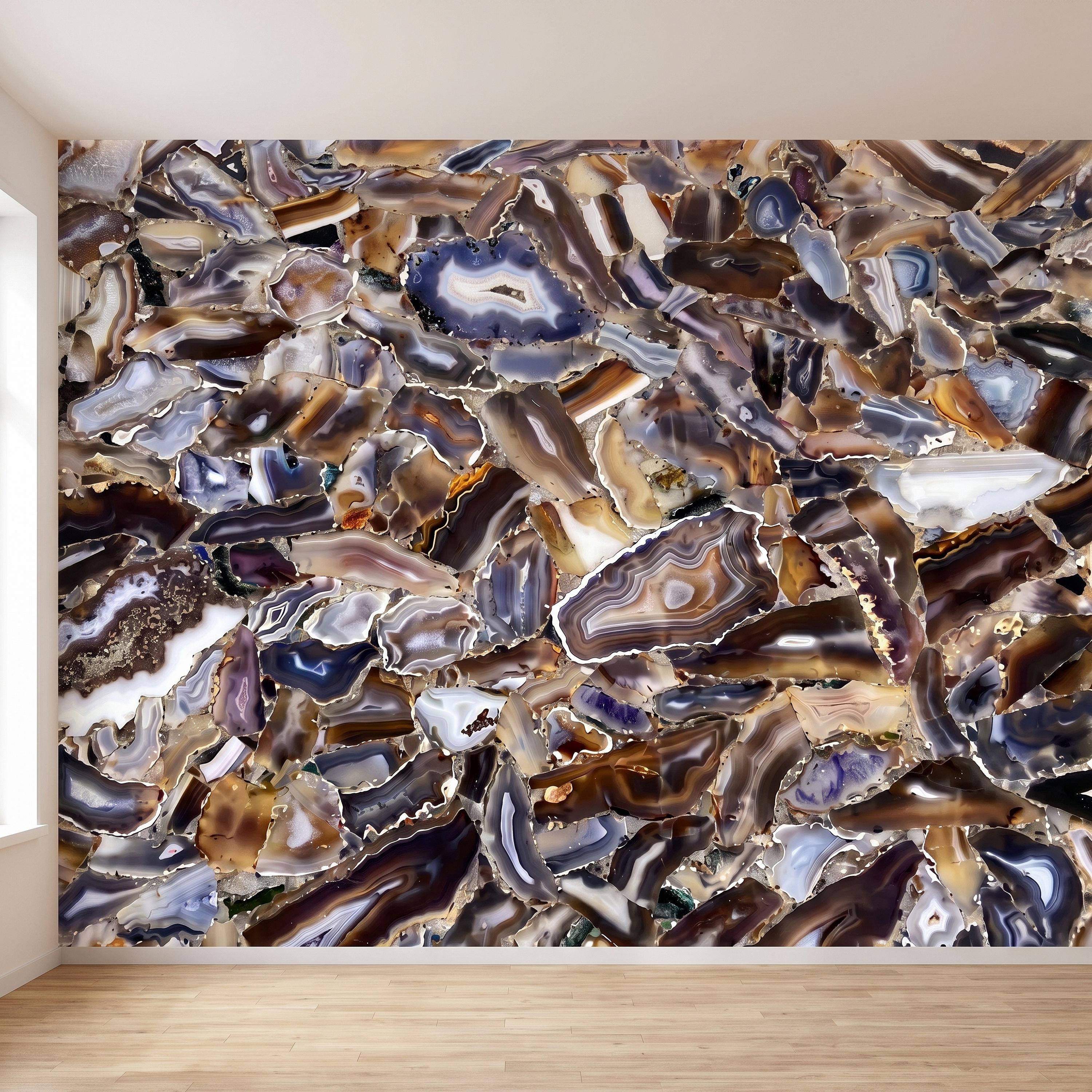 Agate Stone Peel and Stick Wall Mural, Natural Gemstone Slice Texture Luxury Crystal Geode Grey Brown Gold Mineral Wallpaper