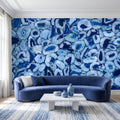 Blue Agate Stone Peel and Stick Wall Mural, Natural Gemstone Slice Texture Luxury Crystal Geode Ocean Blue Mineral Wallpaper