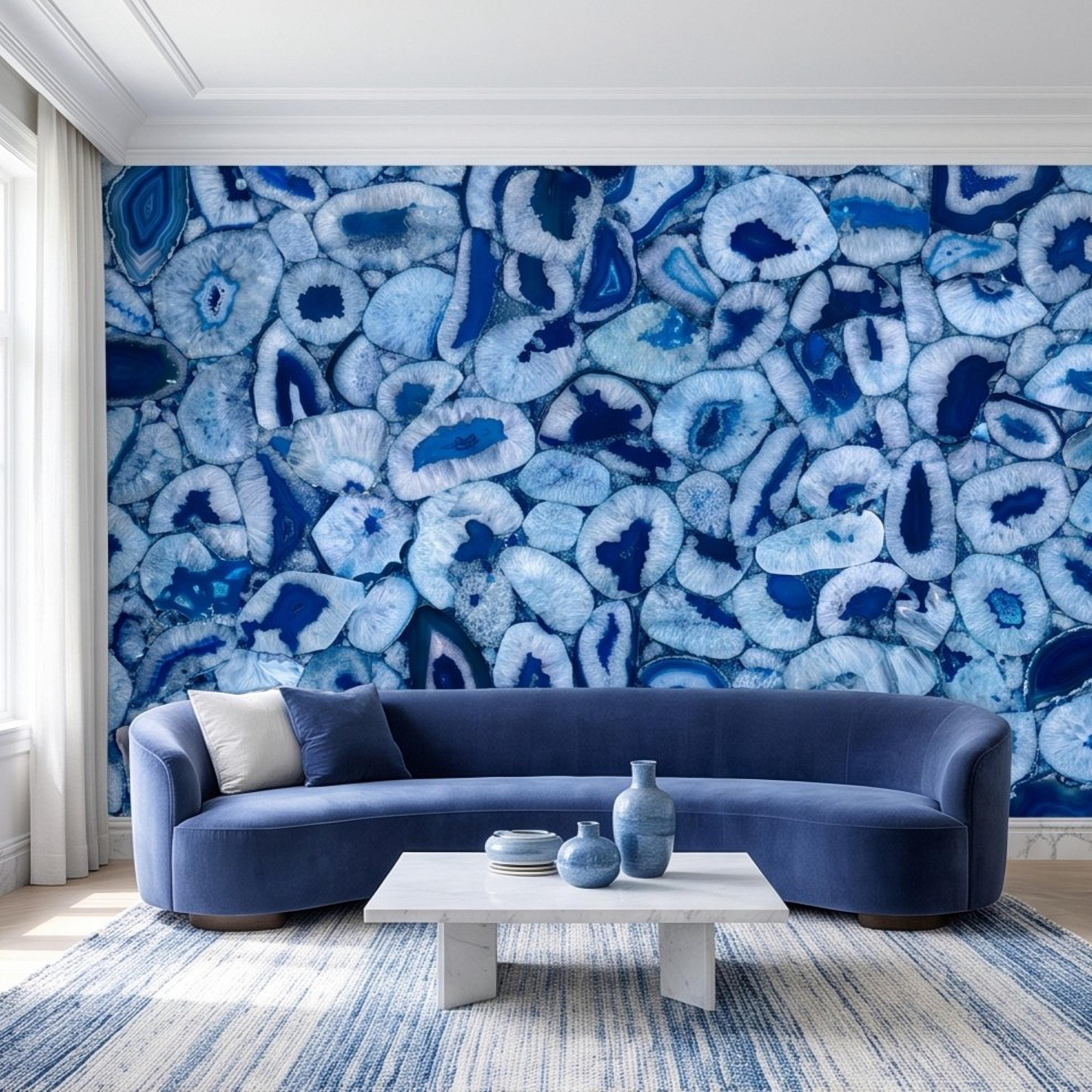 Blue Agate Stone Peel and Stick Wall Mural, Natural Gemstone Slice Texture Luxury Crystal Geode Ocean Blue Mineral Wallpaper