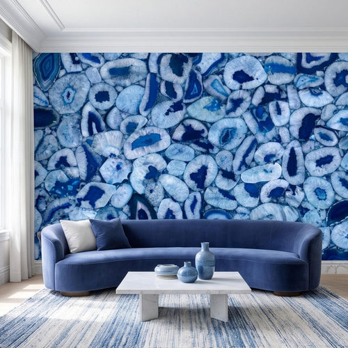 Blue agate gemstone slice wall mural with layered ocean blue crystal textures