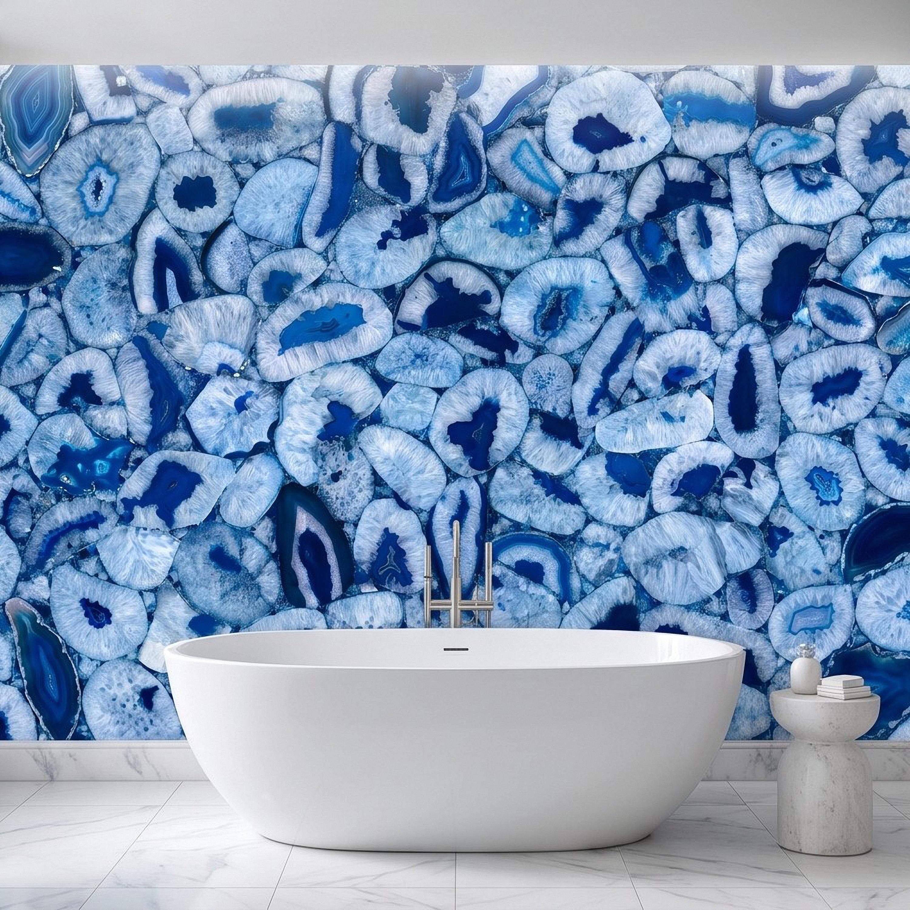 Blue Agate Stone Peel and Stick Wall Mural, Natural Gemstone Slice Texture Luxury Crystal Geode Ocean Blue Mineral Wallpaper