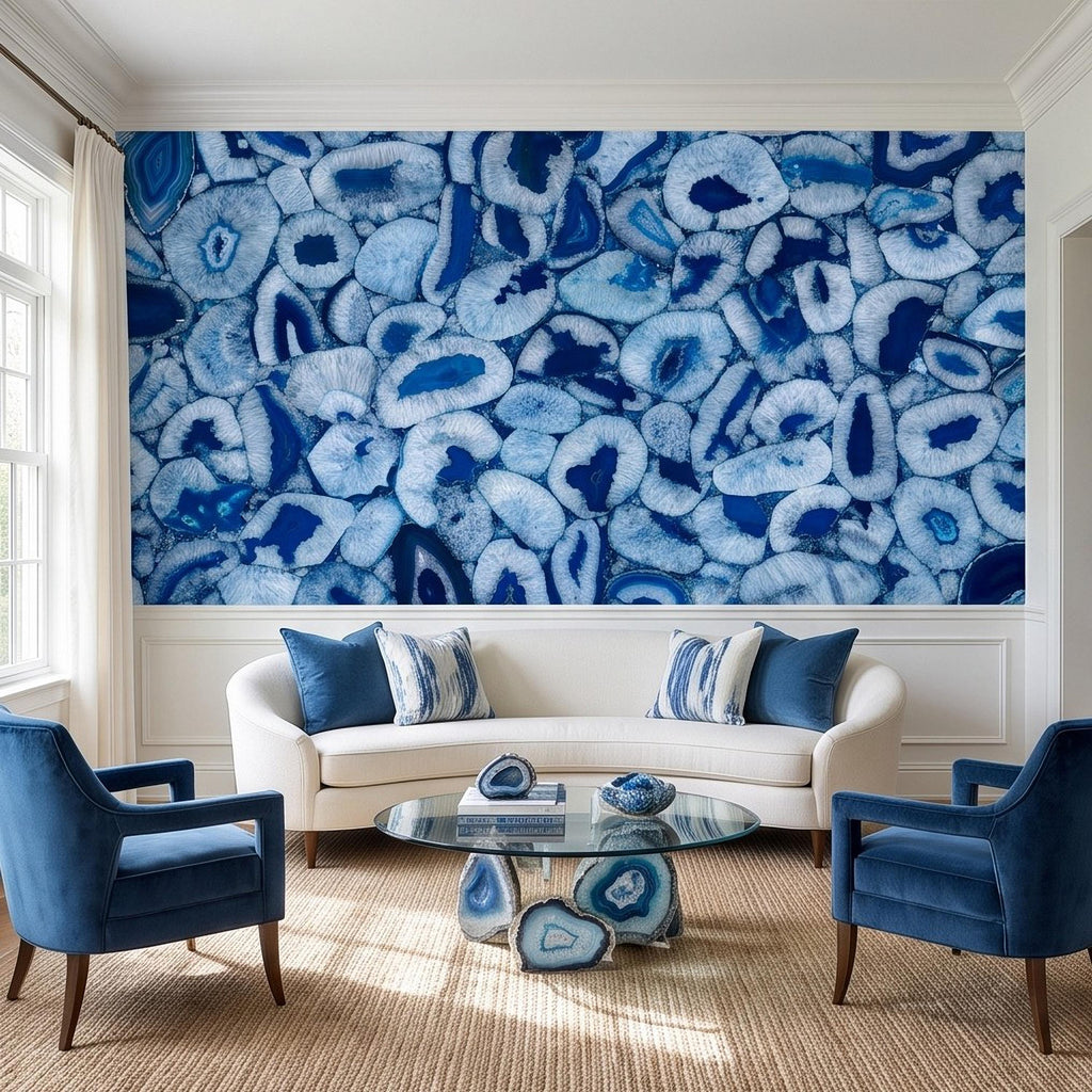Blue Agate Stone Peel and Stick Wall Mural, Natural Gemstone Slice Texture Luxury Crystal Geode Ocean Blue Mineral Wallpaper