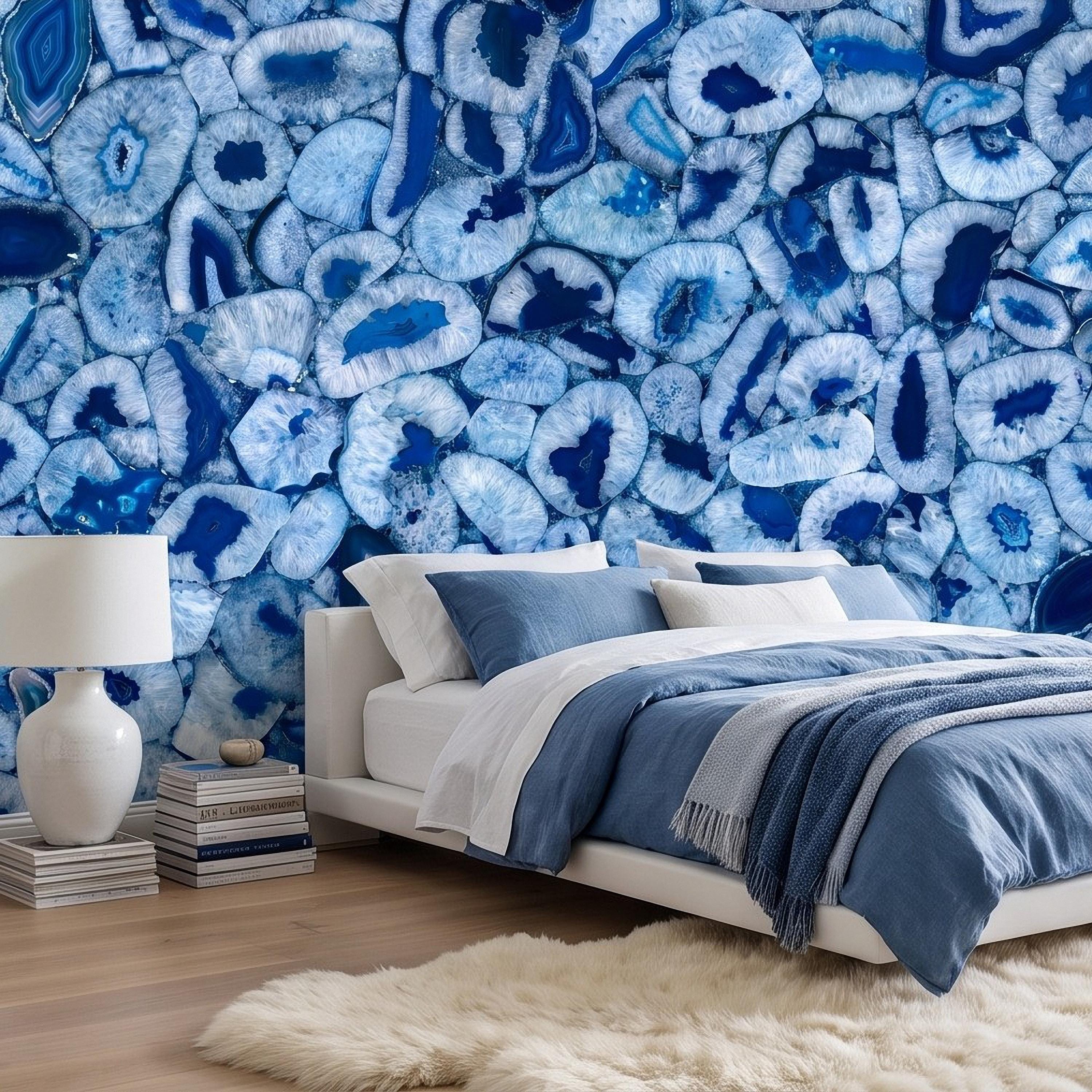 Blue Agate Stone Peel and Stick Wall Mural, Natural Gemstone Slice Texture Luxury Crystal Geode Ocean Blue Mineral Wallpaper