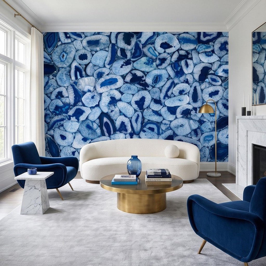 Blue Agate Stone Peel and Stick Wall Mural, Natural Gemstone Slice Texture Luxury Crystal Geode Ocean Blue Mineral Wallpaper