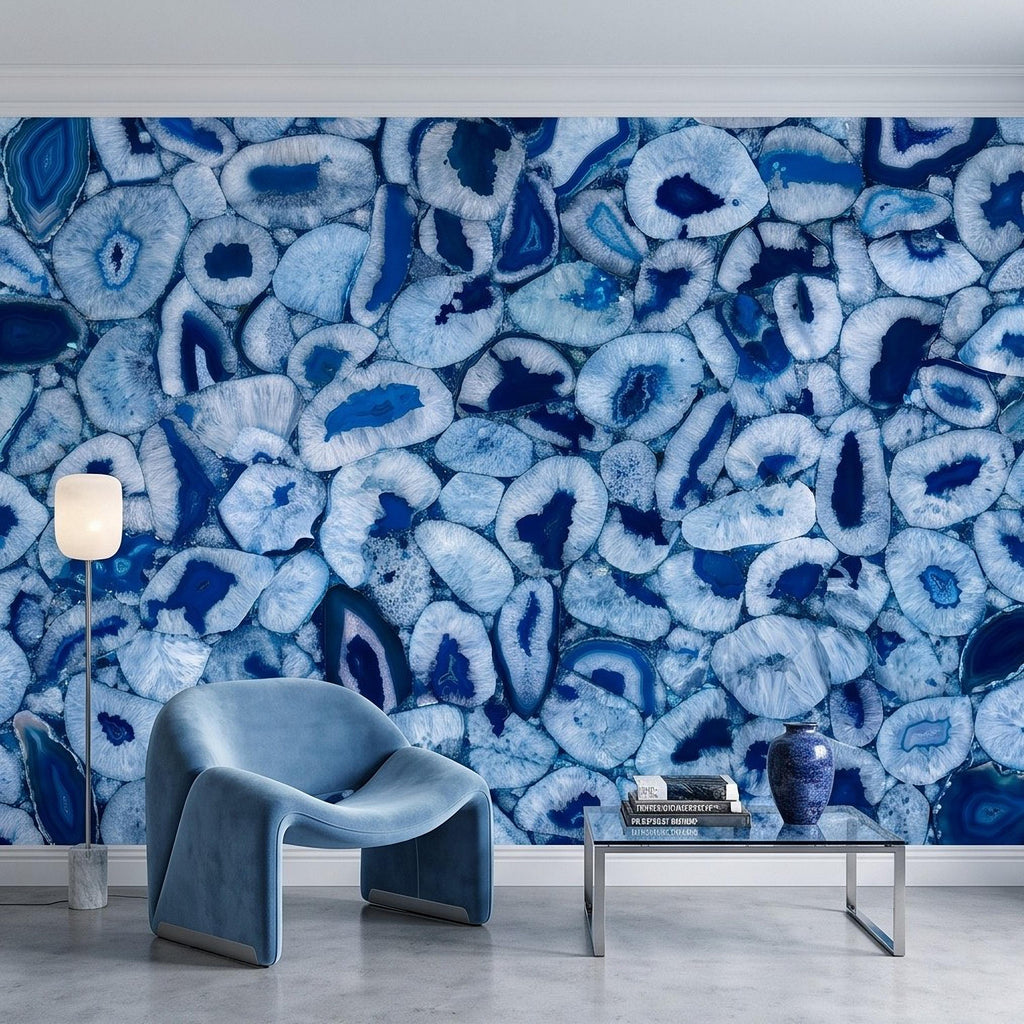 Blue Agate Stone Peel and Stick Wall Mural, Natural Gemstone Slice Texture Luxury Crystal Geode Ocean Blue Mineral Wallpaper