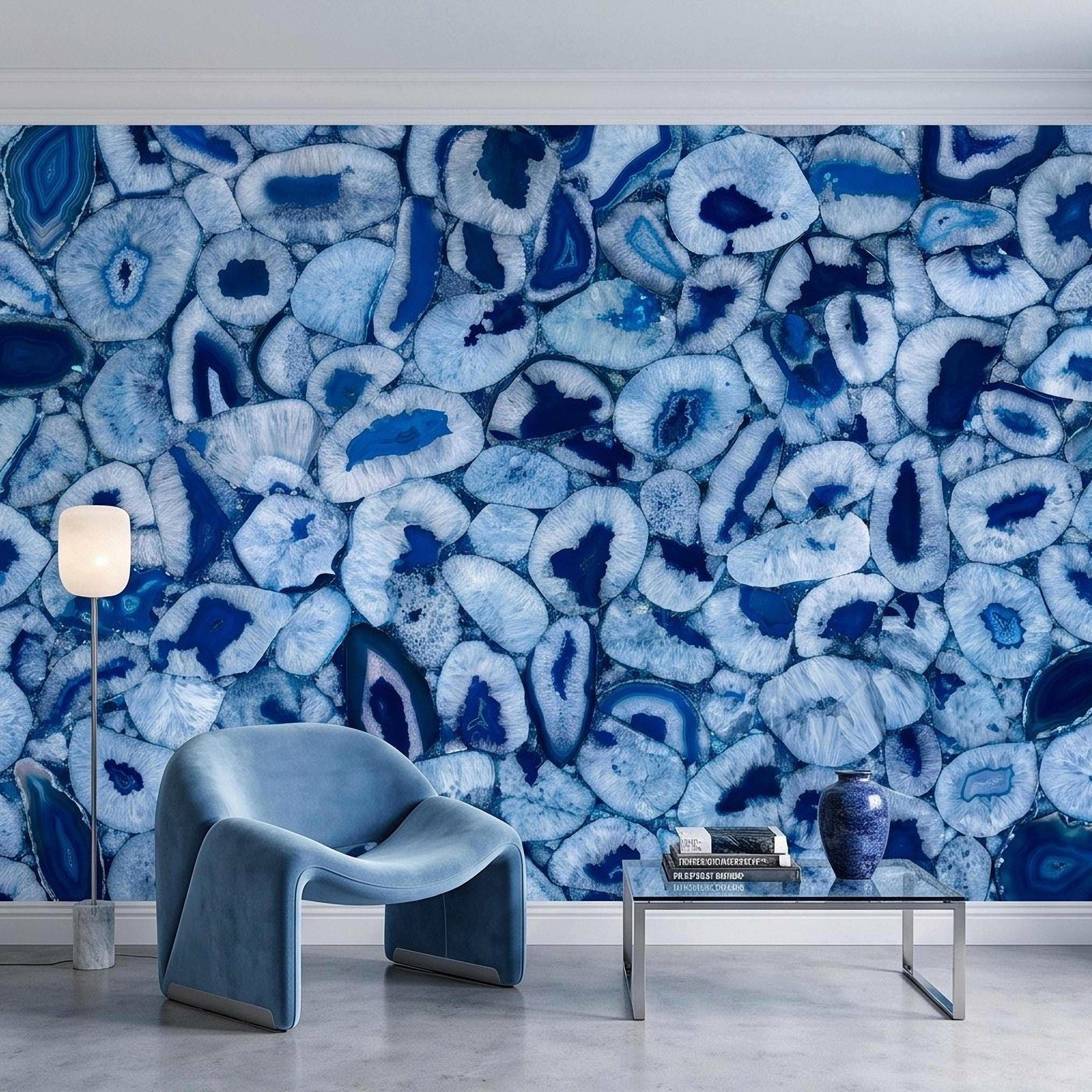Blue Agate Stone Peel and Stick Wall Mural, Natural Gemstone Slice Texture Luxury Crystal Geode Ocean Blue Mineral Wallpaper