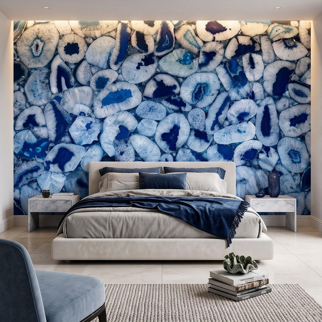 Blue Agate Stone Peel and Stick Wall Mural, Natural Gemstone Slice Texture Luxury Crystal Geode Ocean Blue Mineral Wallpaper
