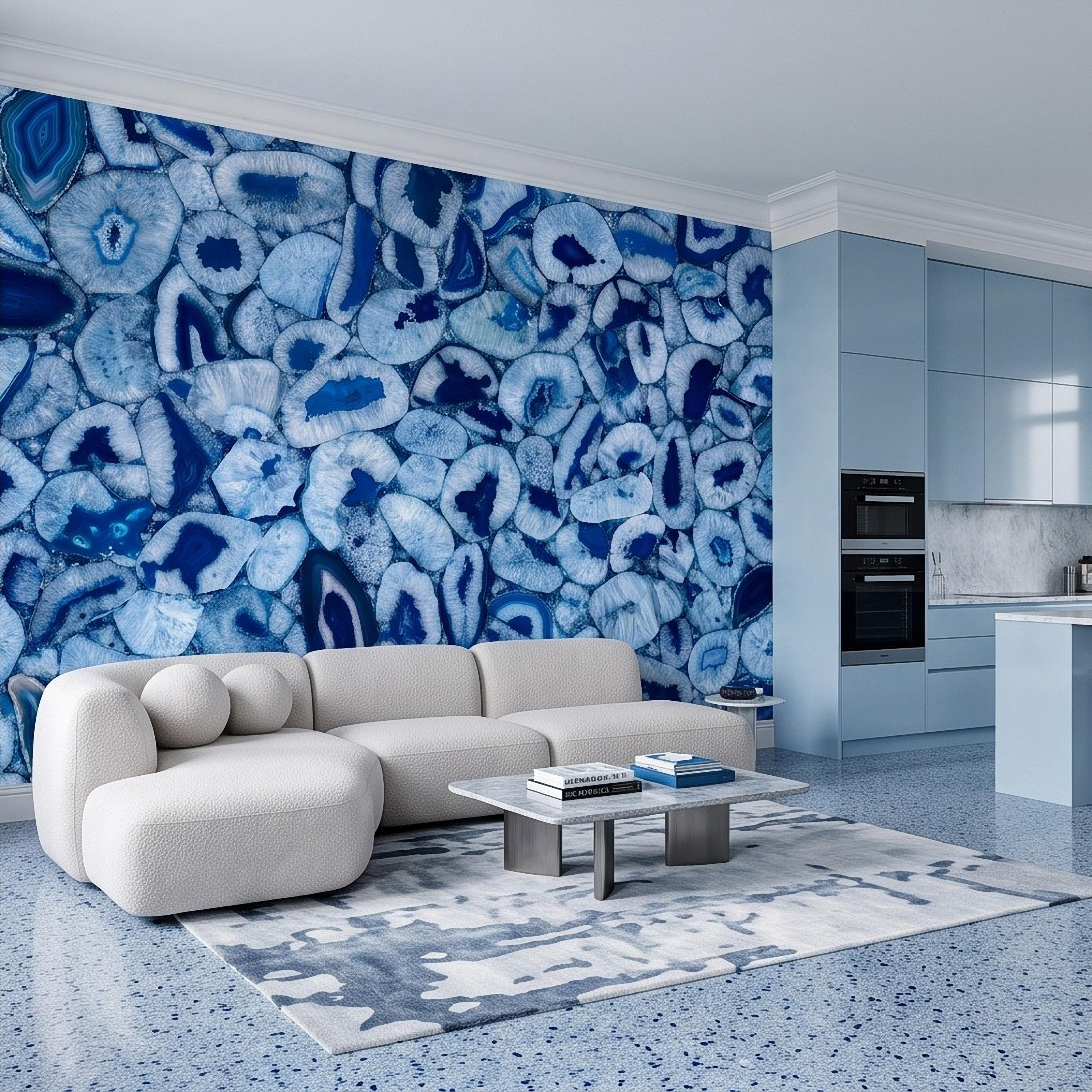 Blue Agate Stone Peel and Stick Wall Mural, Natural Gemstone Slice Texture Luxury Crystal Geode Ocean Blue Mineral Wallpaper