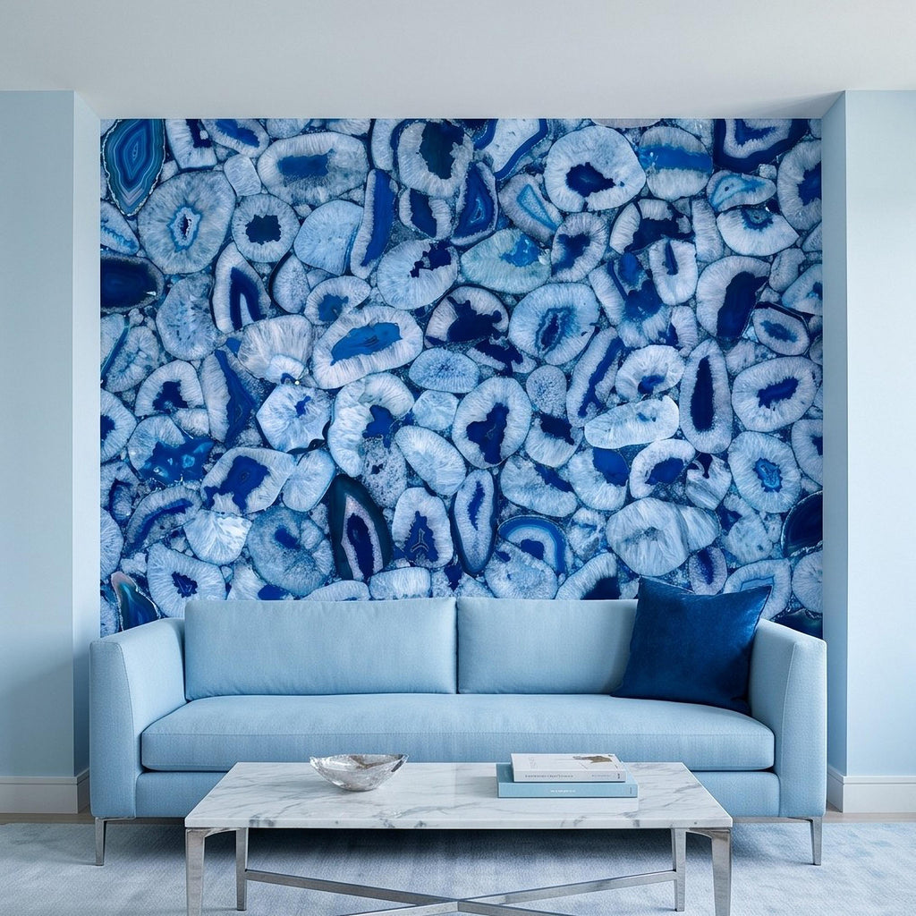 Blue Agate Stone Peel and Stick Wall Mural, Natural Gemstone Slice Texture Luxury Crystal Geode Ocean Blue Mineral Wallpaper