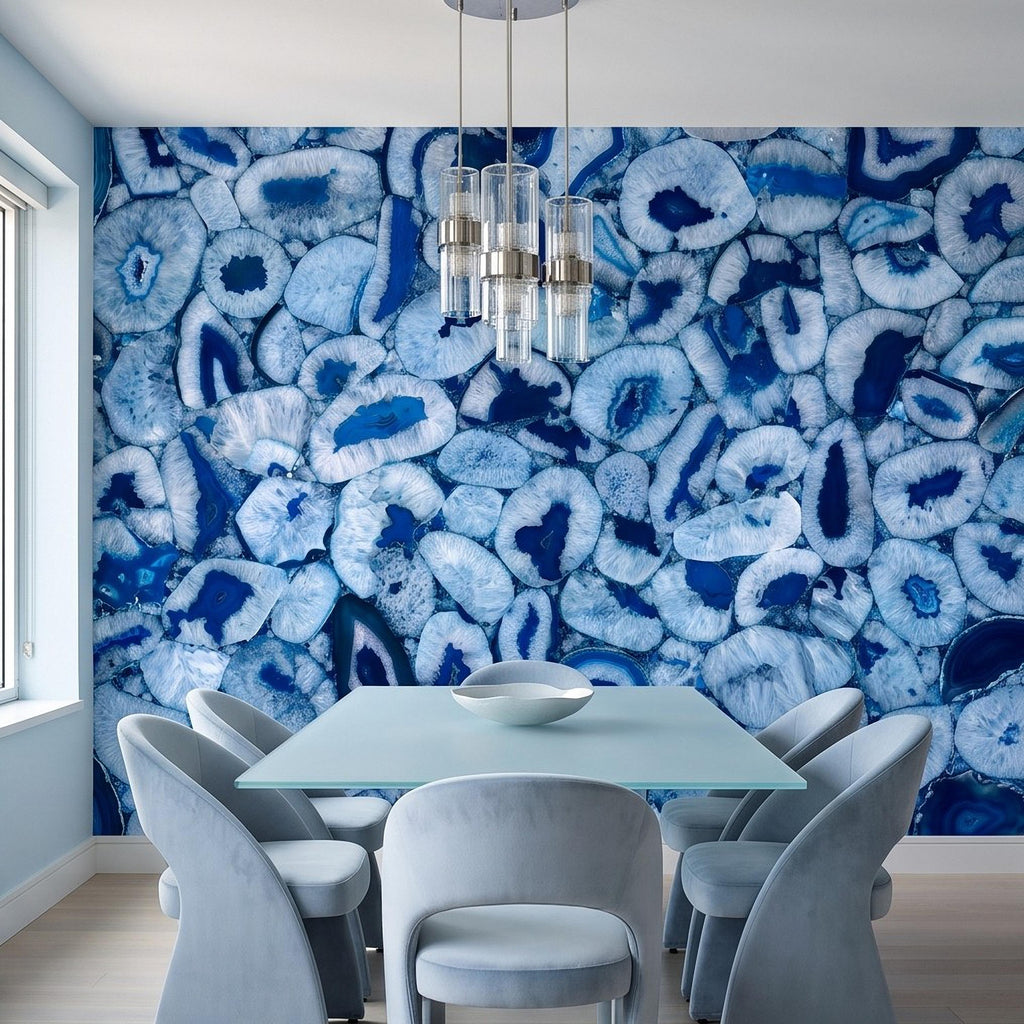 Blue Agate Stone Peel and Stick Wall Mural, Natural Gemstone Slice Texture Luxury Crystal Geode Ocean Blue Mineral Wallpaper