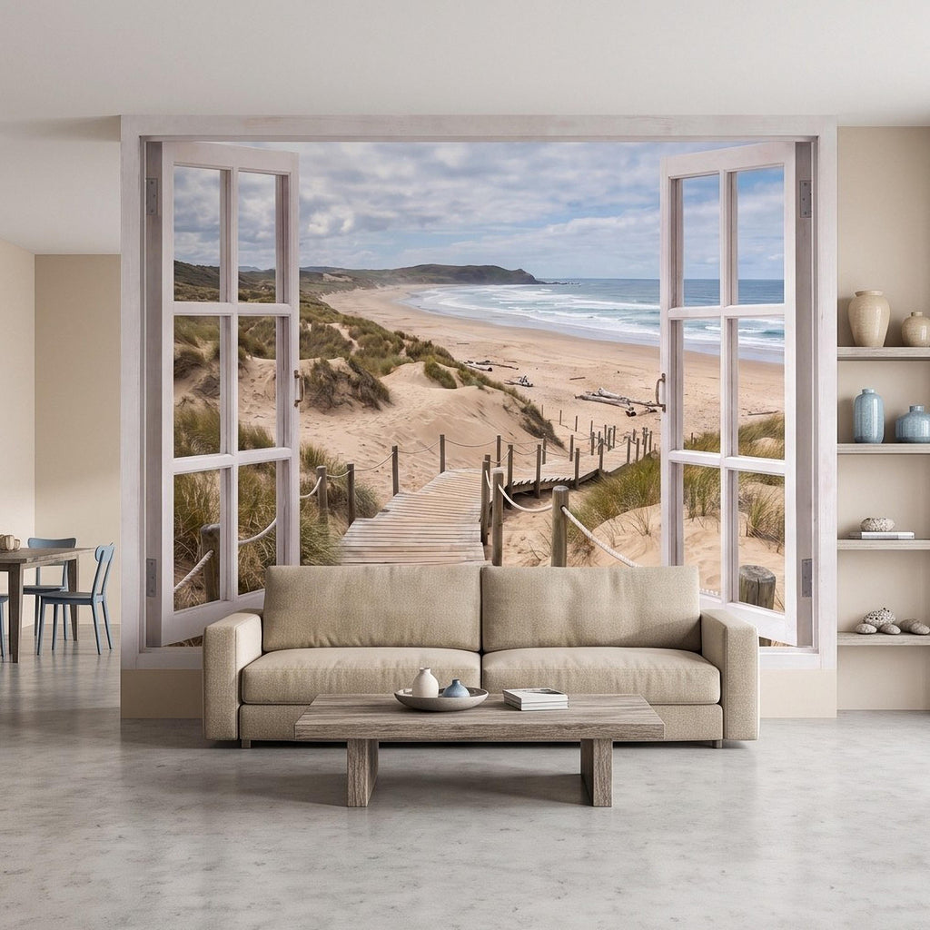 Beach Window View Peel and Stick Wall Mural, Coastal Ocean Dunes Wooden Boardwalk Seaside Landscape Scenic Escape Wallpaper