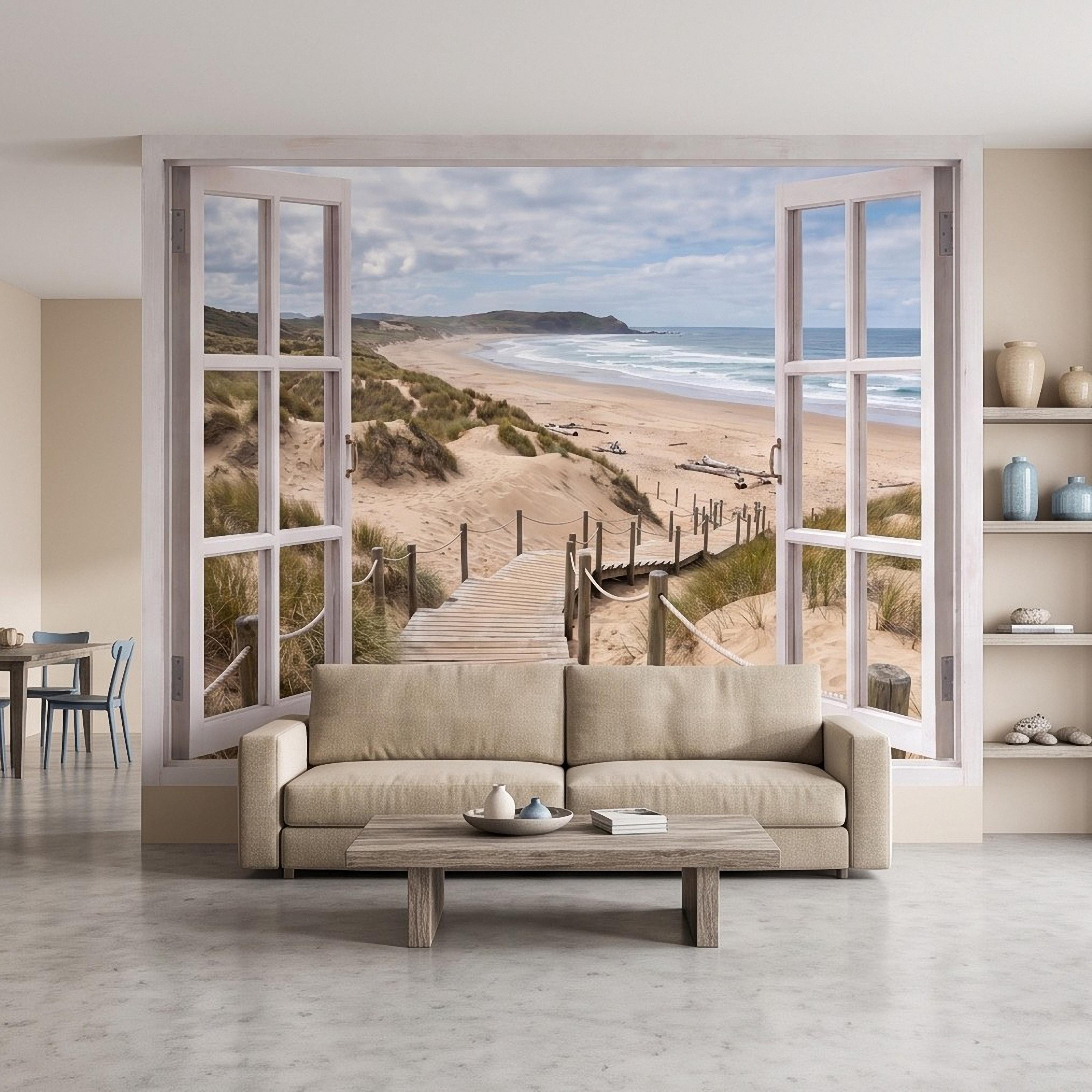 Beach Window View Peel and Stick Wall Mural, Coastal Ocean Dunes Wooden Boardwalk Seaside Landscape Scenic Escape Wallpaper