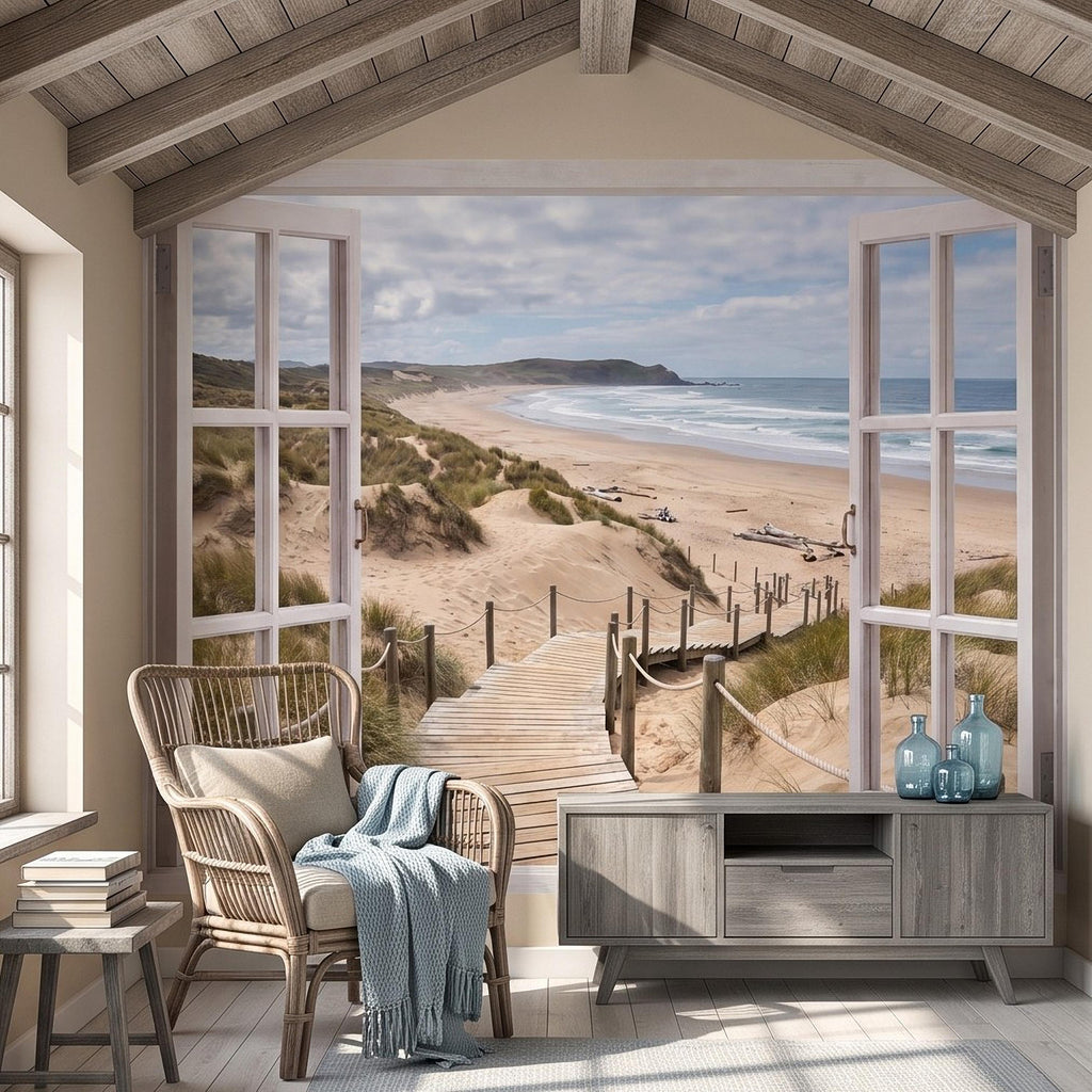 Beach Window View Peel and Stick Wall Mural, Coastal Ocean Dunes Wooden Boardwalk Seaside Landscape Scenic Escape Wallpaper