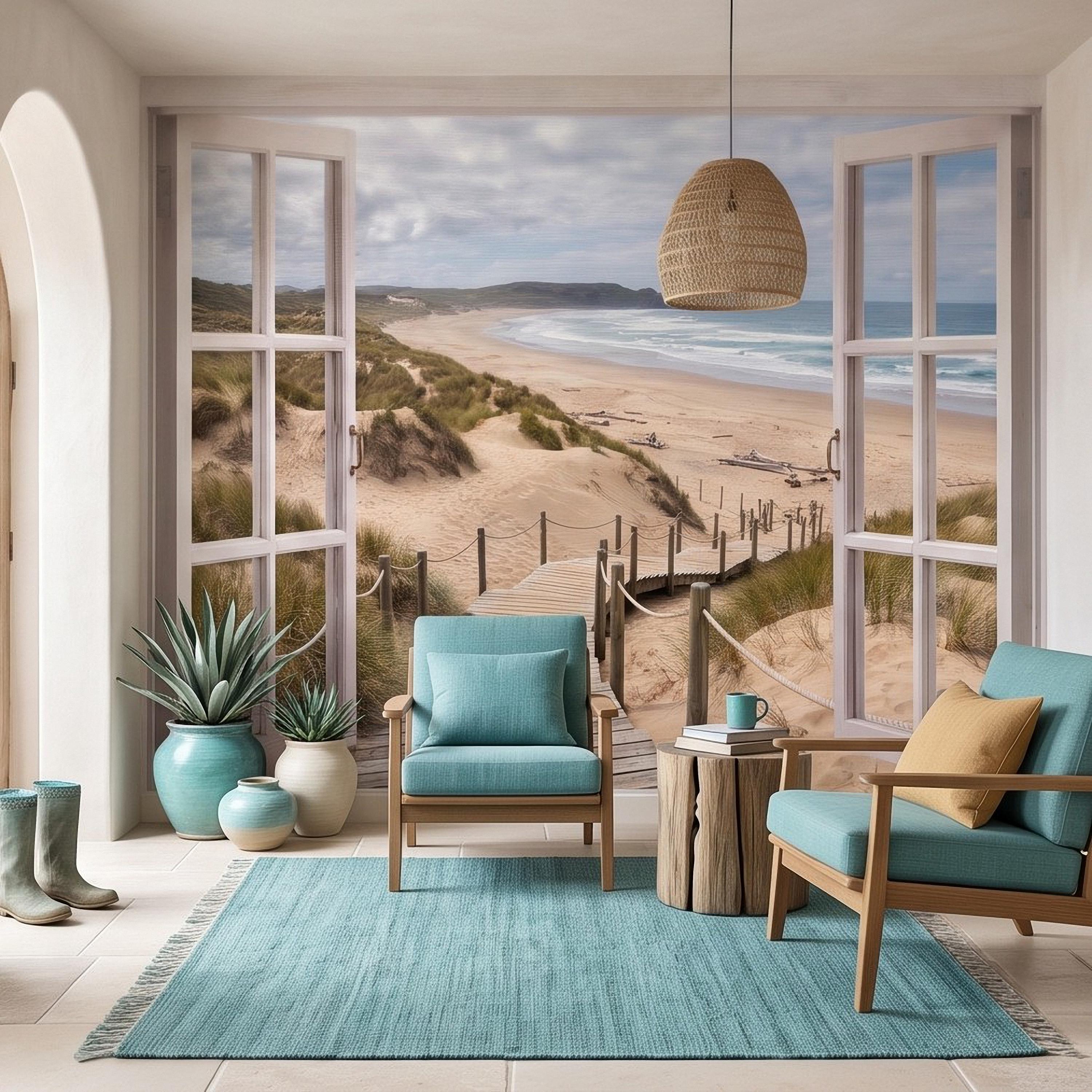 Beach Window View Peel and Stick Wall Mural, Coastal Ocean Dunes Wooden Boardwalk Seaside Landscape Scenic Escape Wallpaper