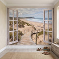 Beach Window View Peel and Stick Wall Mural, Coastal Ocean Dunes Wooden Boardwalk Seaside Landscape Scenic Escape Wallpaper