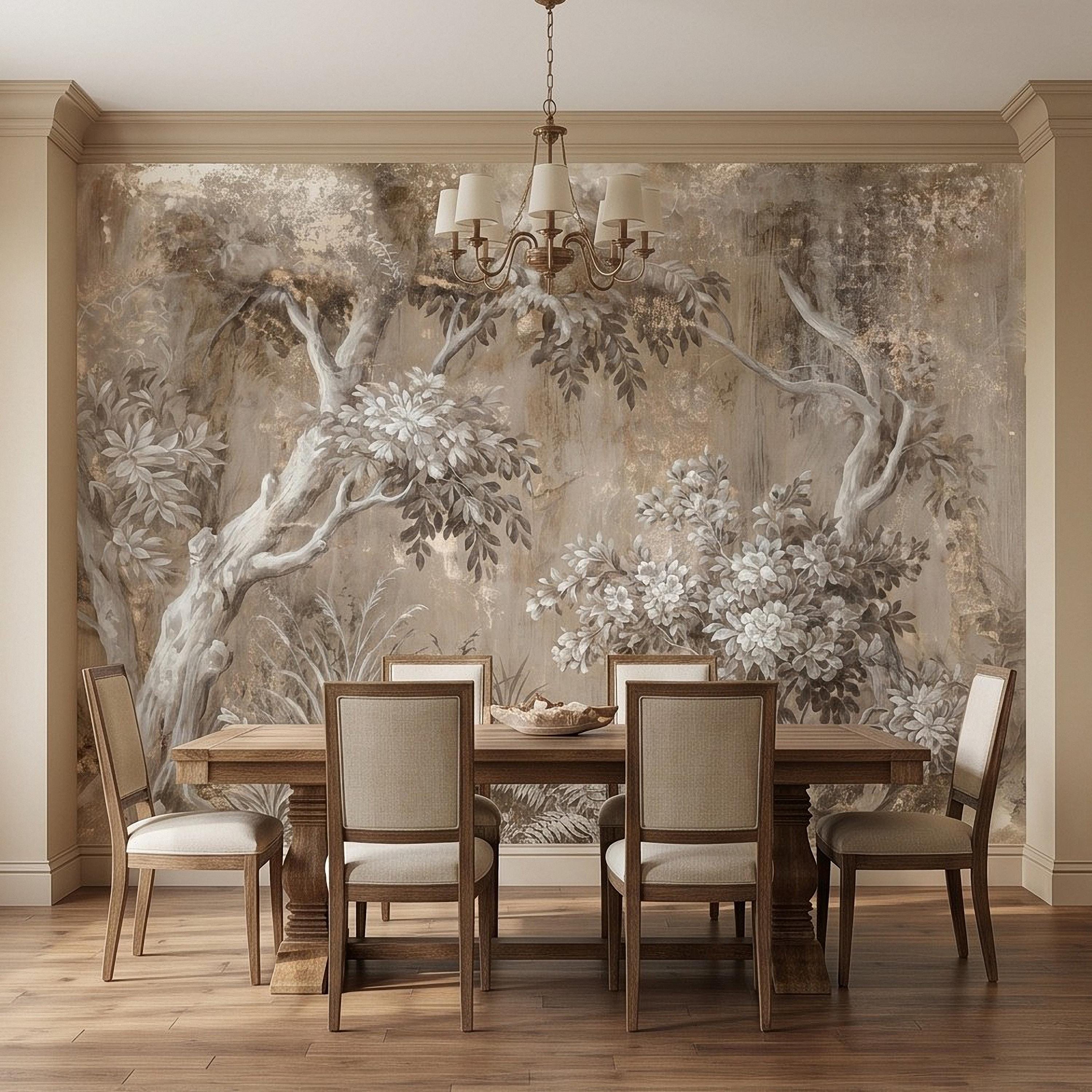 Woodland Forest Peel and Stick Wall Mural, Neutral Trees Blooming Branches Vintage Sepia Botanical Wallpaper