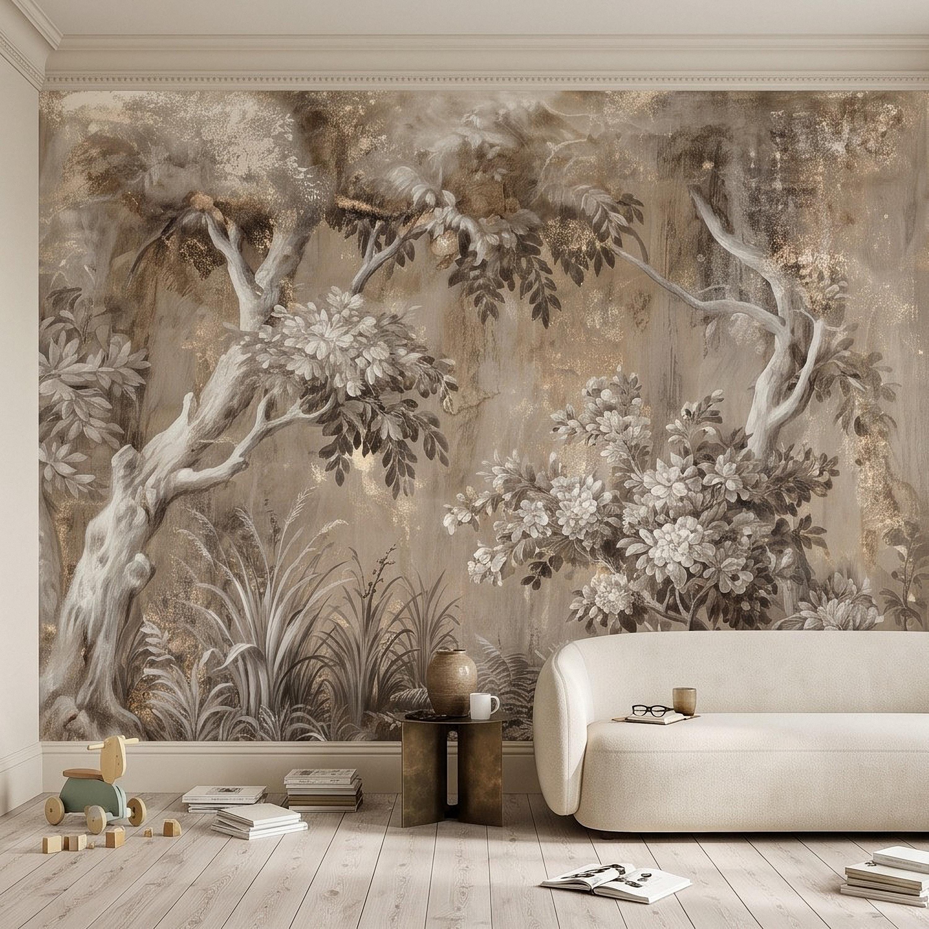 Woodland Forest Peel and Stick Wall Mural, Neutral Trees Blooming Branches Vintage Sepia Botanical Wallpaper
